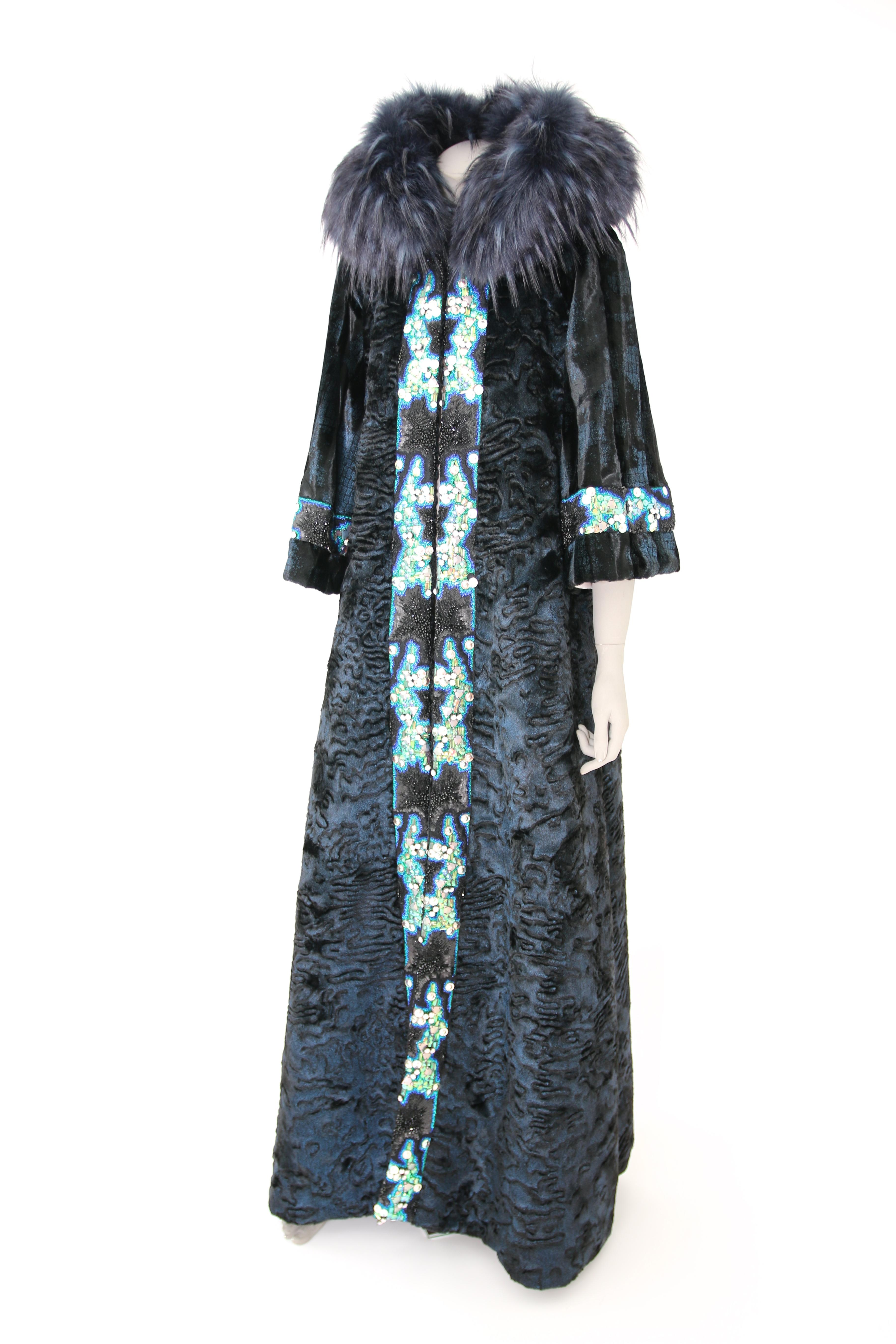 Women's Pelush Blue Faux Fur Astrakhan Caftan Coat W/Embroidery And Detachable Hood - S For Sale