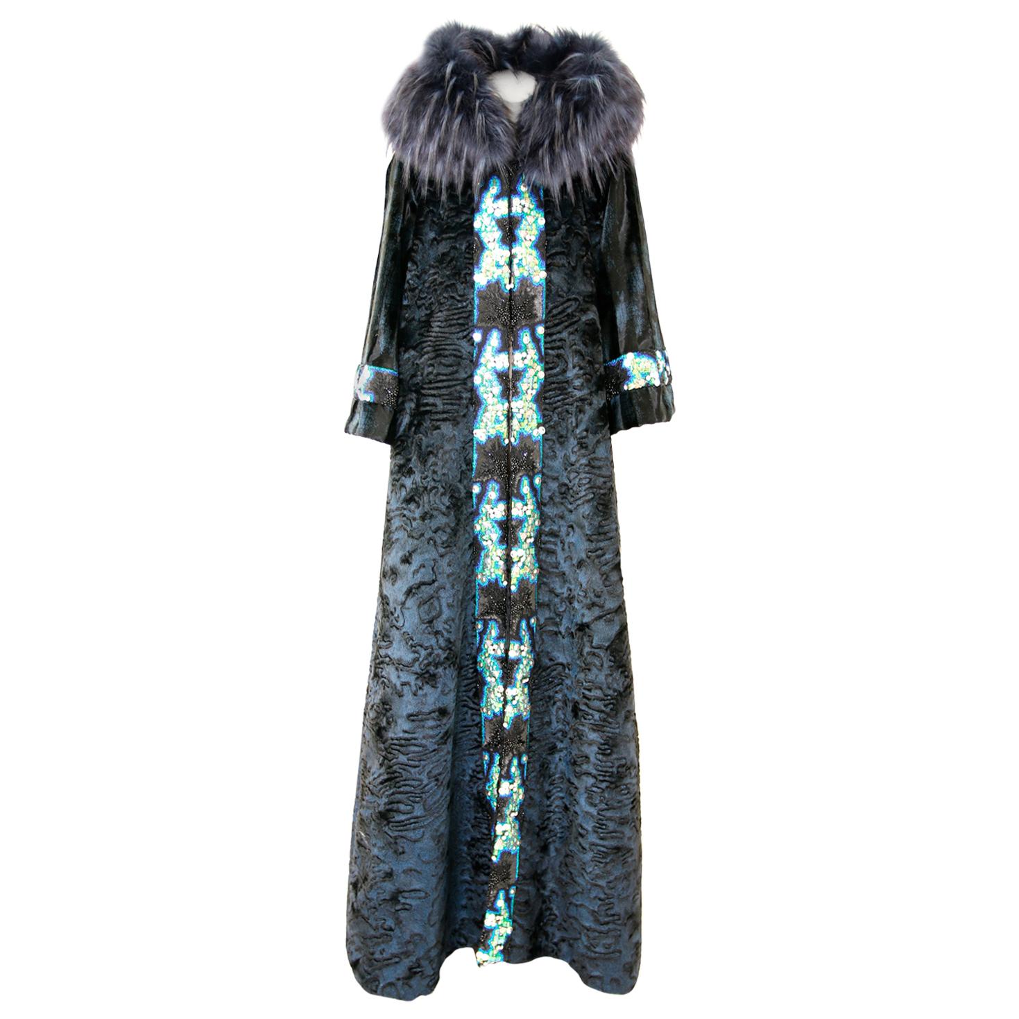 Pelush Blue Faux Fur Astrakhan Caftan Coat W/Embroidery And Detachable Hood - S For Sale