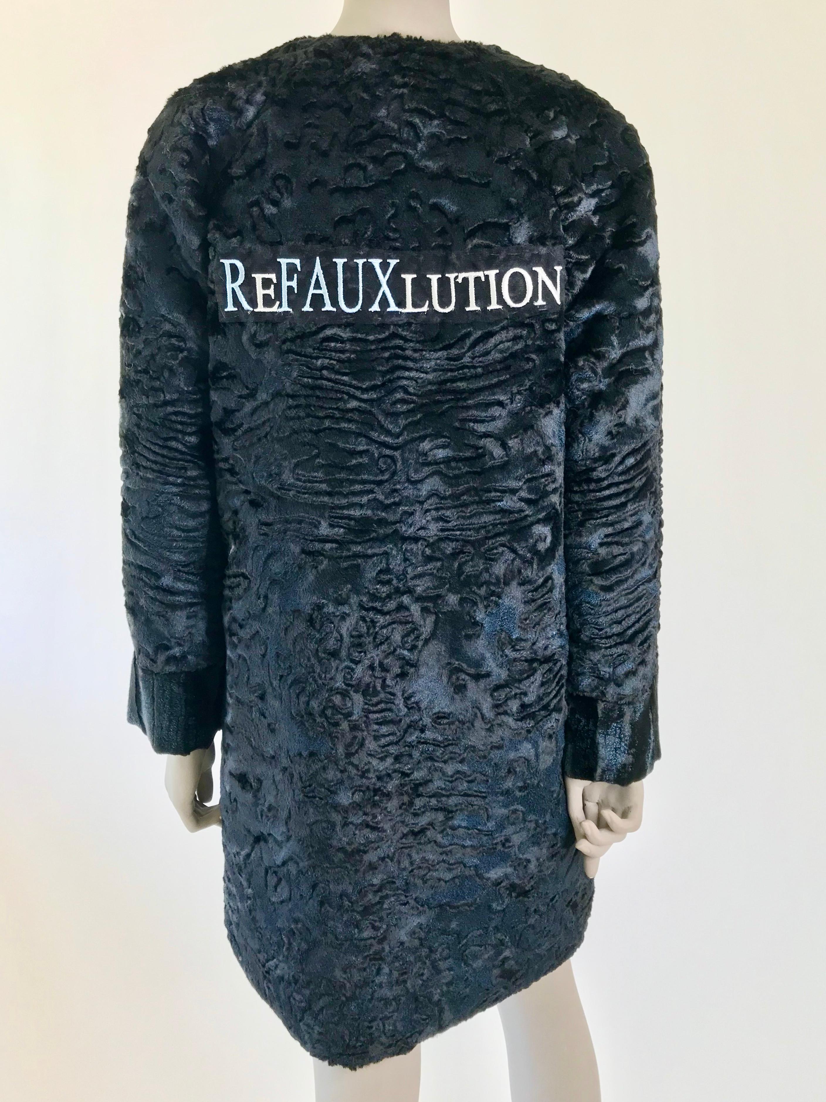 Pelush Navy Blue Faux Fur Astrakhan Coat with Embroidery Details - X-Small For Sale 5