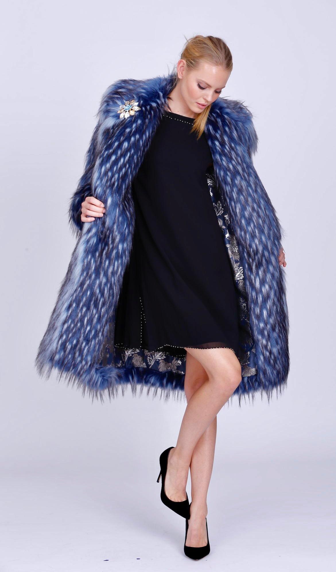 Women's Pelush Blue Fox Faux Fur Coat With Revere' Collar - XS For Sale