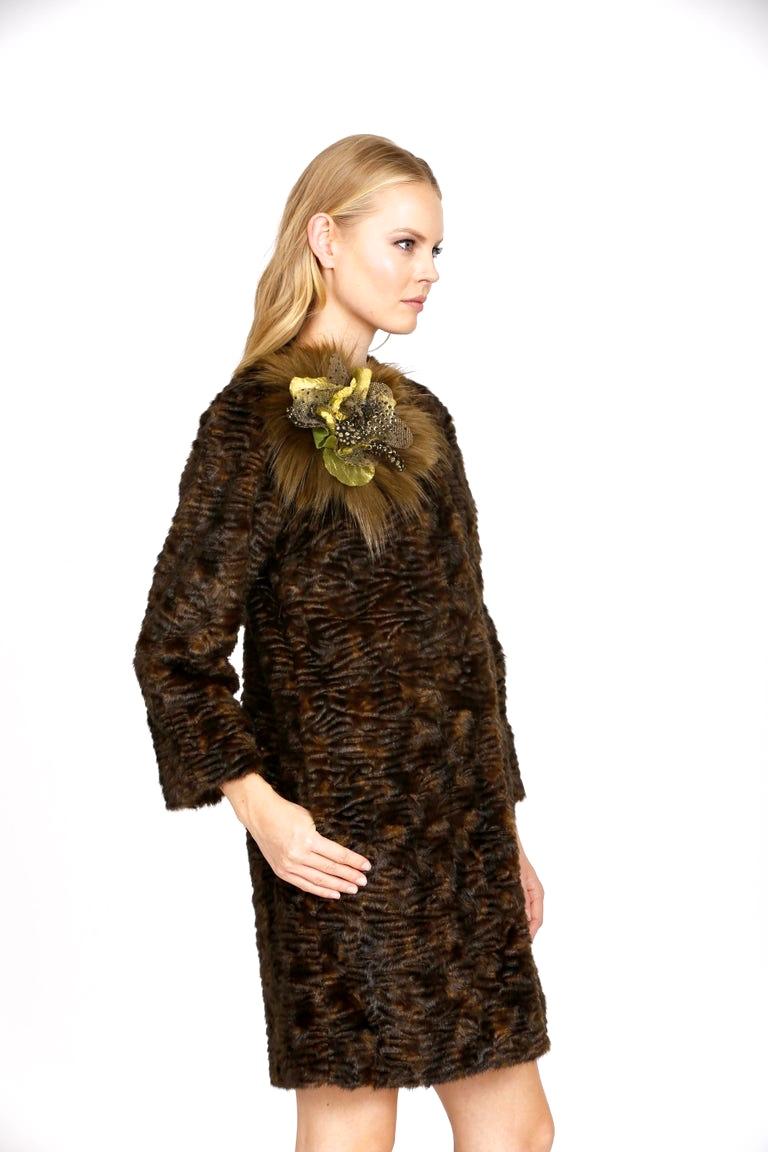 Pelush Brown Astrakhan Faux Fur Coat With Belt - Persian Lamb Fake Fur Coat - XS For Sale 2