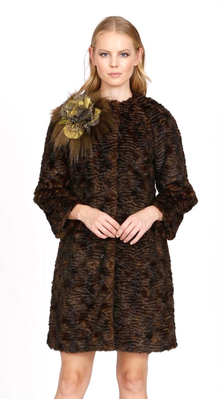Pelush Brown Astrakhan Faux Fur Coat With Belt - Persian Lamb Fake Fur Coat - XS For Sale 3