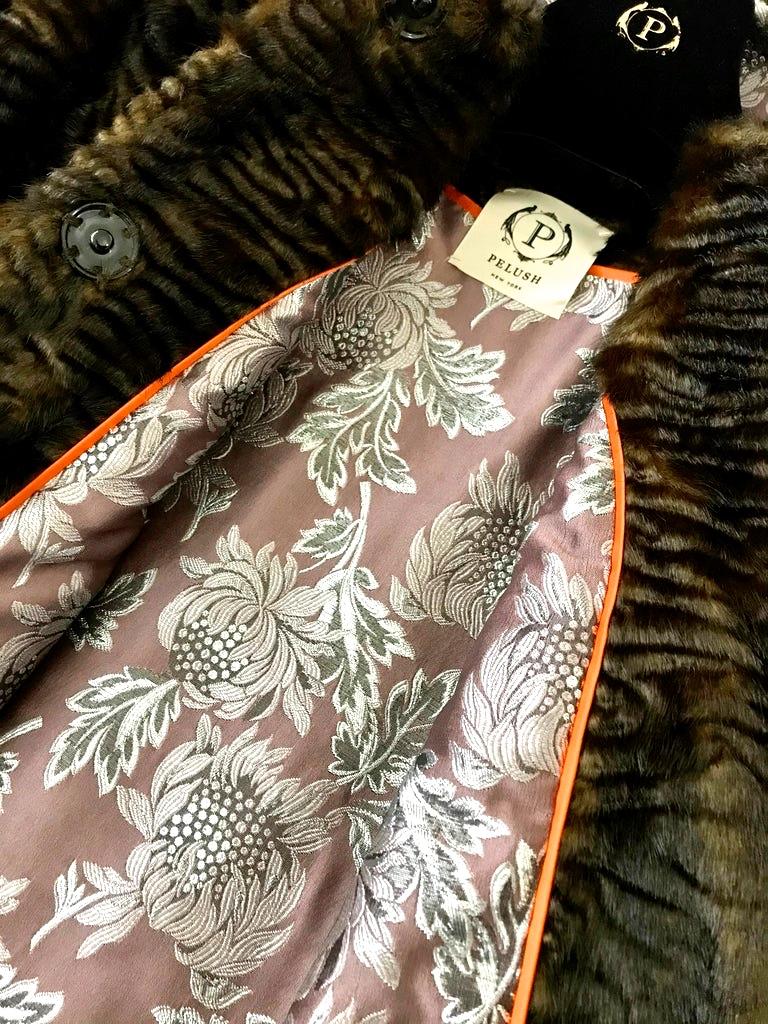 Pelush Brown Astrakhan Faux Fur Coat With Belt - Persian Lamb Fake Fur Coat - XS For Sale 5
