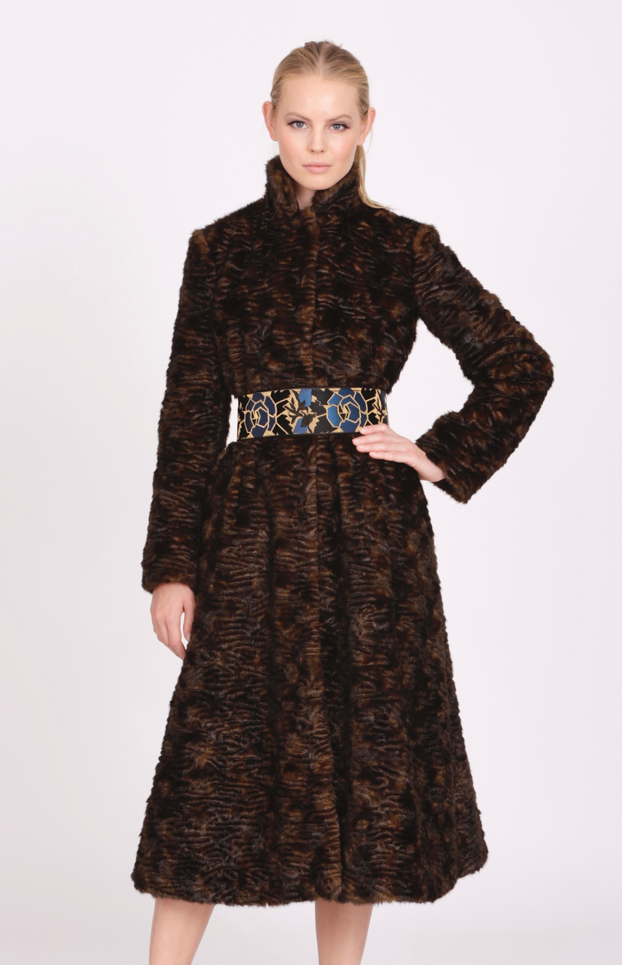Pelush Brown Astrakhan Faux Fur Coat With Belt - Persian Lamb Fake Fur Coat - XS In New Condition In Greenwich, CT