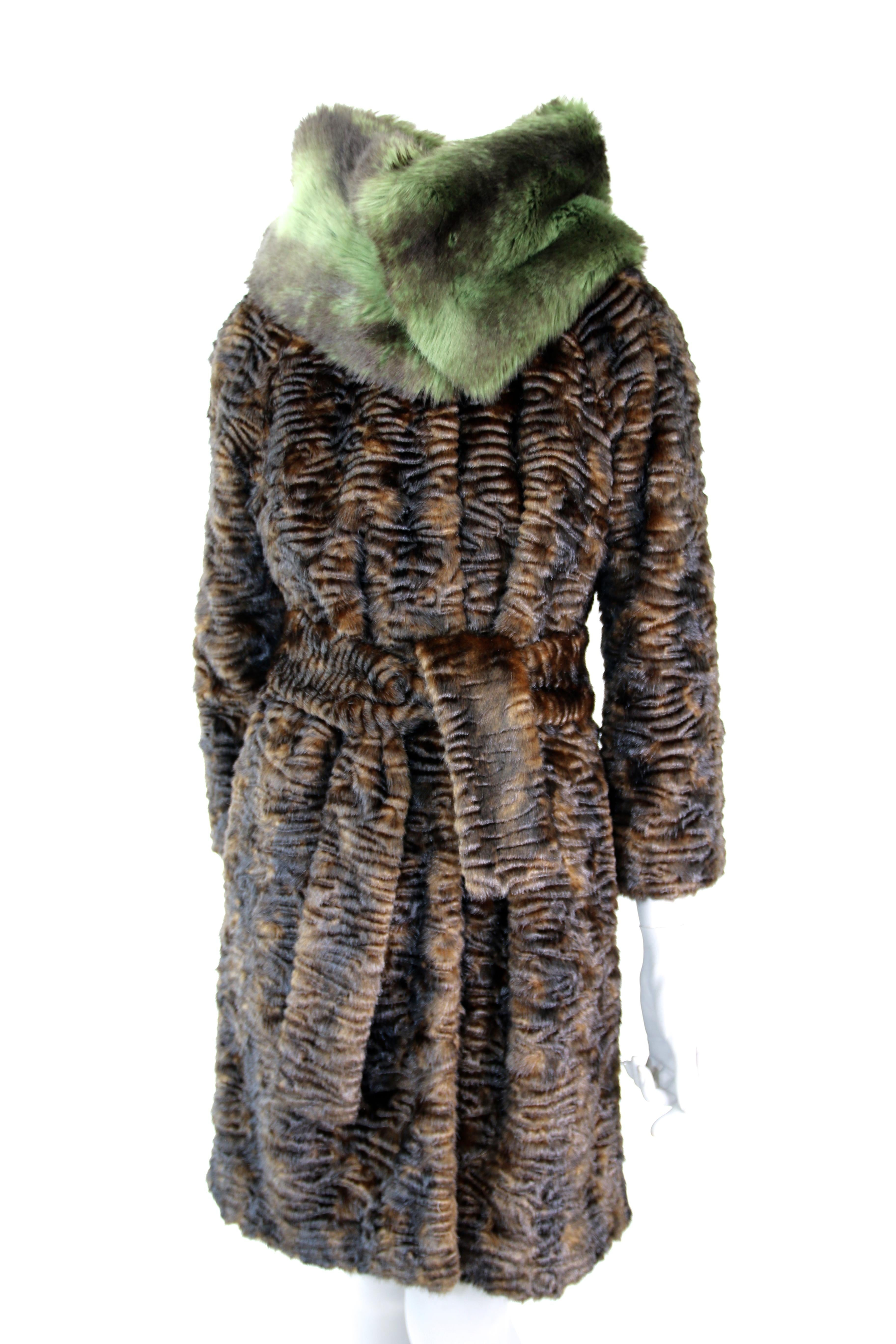 Black Pelush Brown Astrakhan Faux Fur Coat With Belt - Persian Lamb Fake Fur Coat - XS For Sale