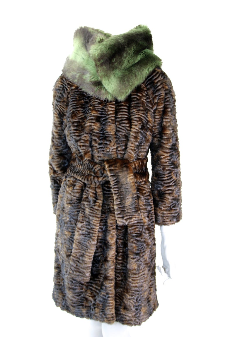 Pelush Brown Astrakhan Faux Fur Coat With Belt Persian Lamb Fake Fur