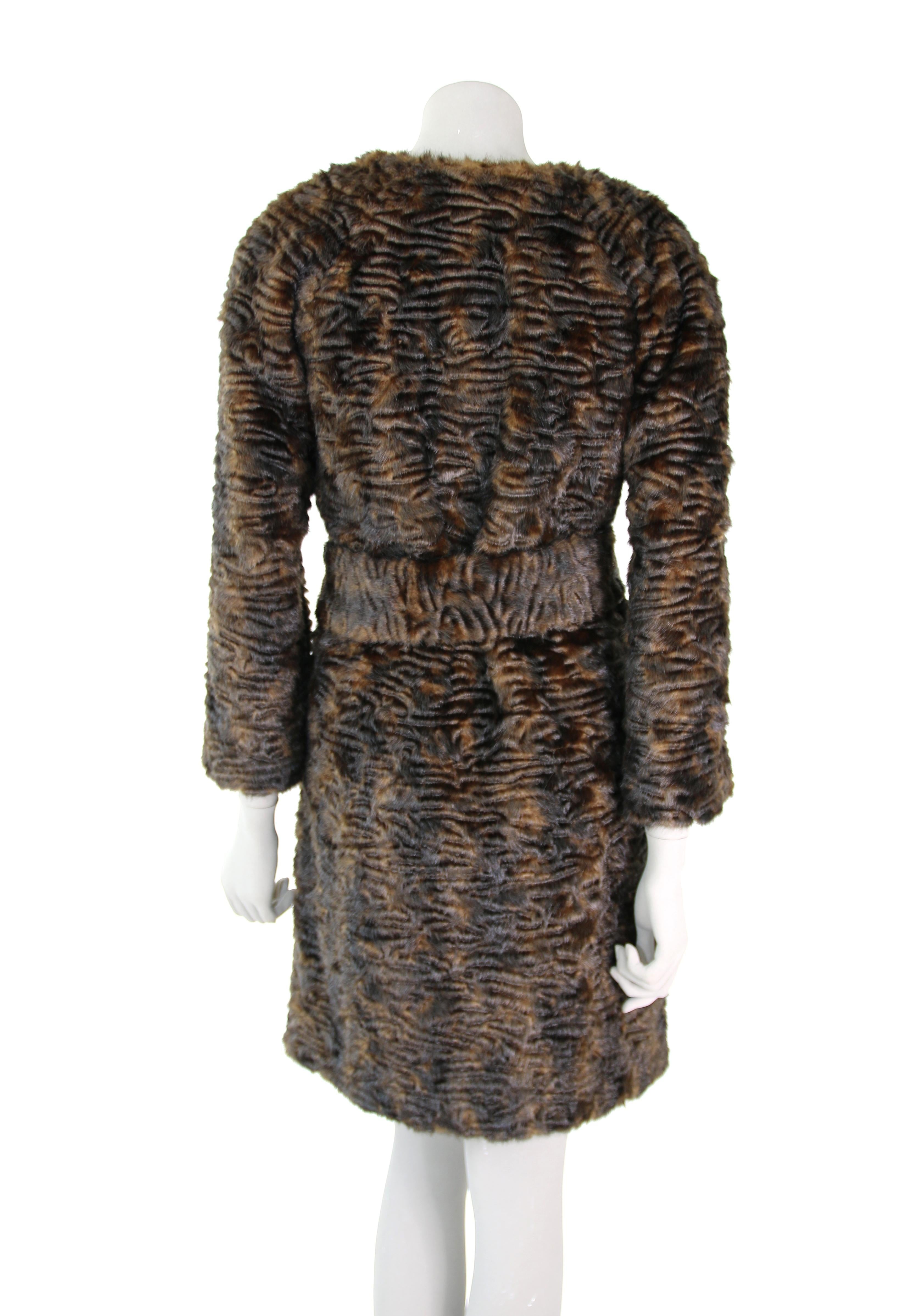 Pelush Brown Astrakhan Faux Fur Coat With Belt - Persian Lamb Fake Fur Coat - XS In New Condition For Sale In Greenwich, CT