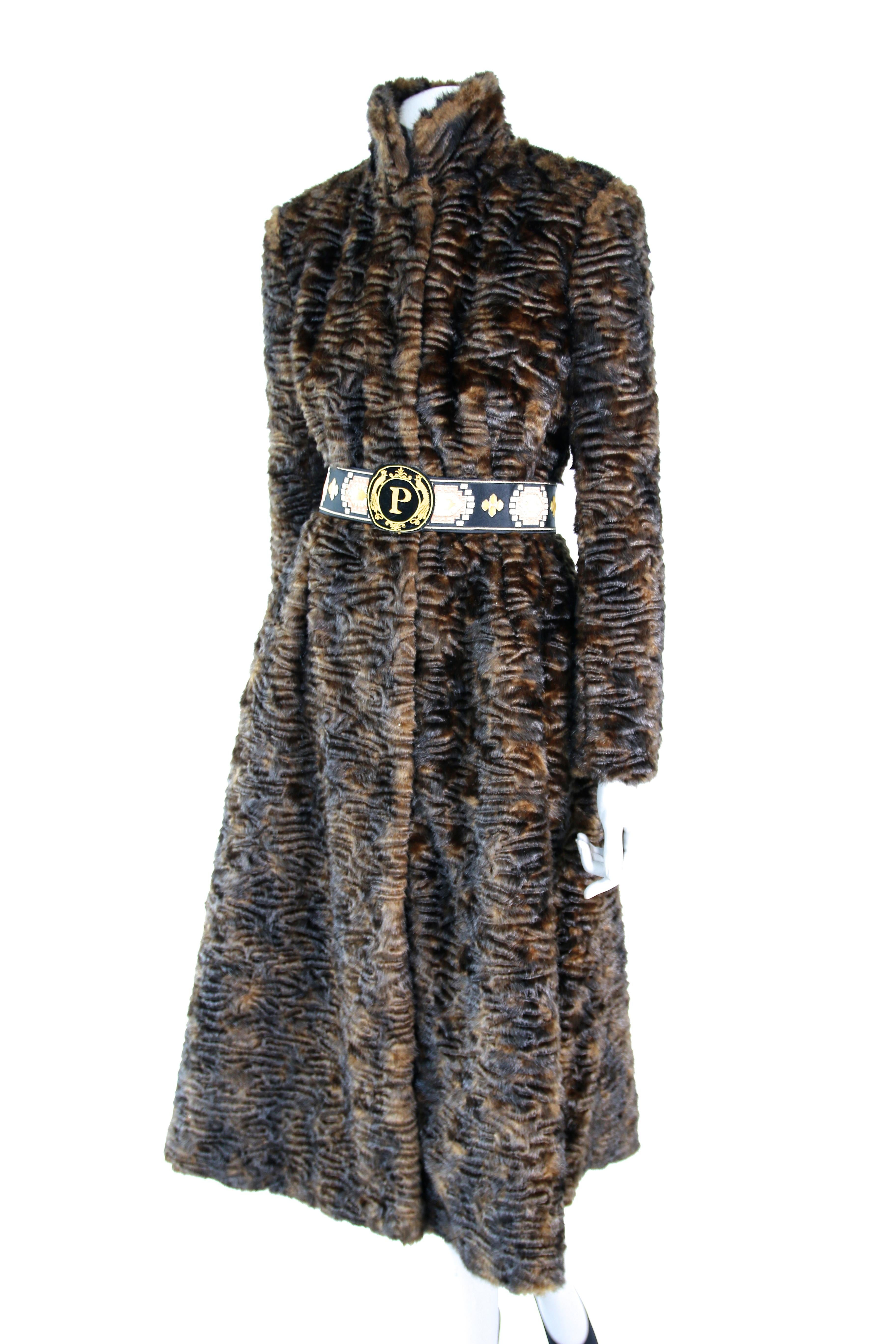 Pelush Brown Astrakhan Faux Fur Coat With Belt - Persian Lamb Fake Fur Coat - XS 2