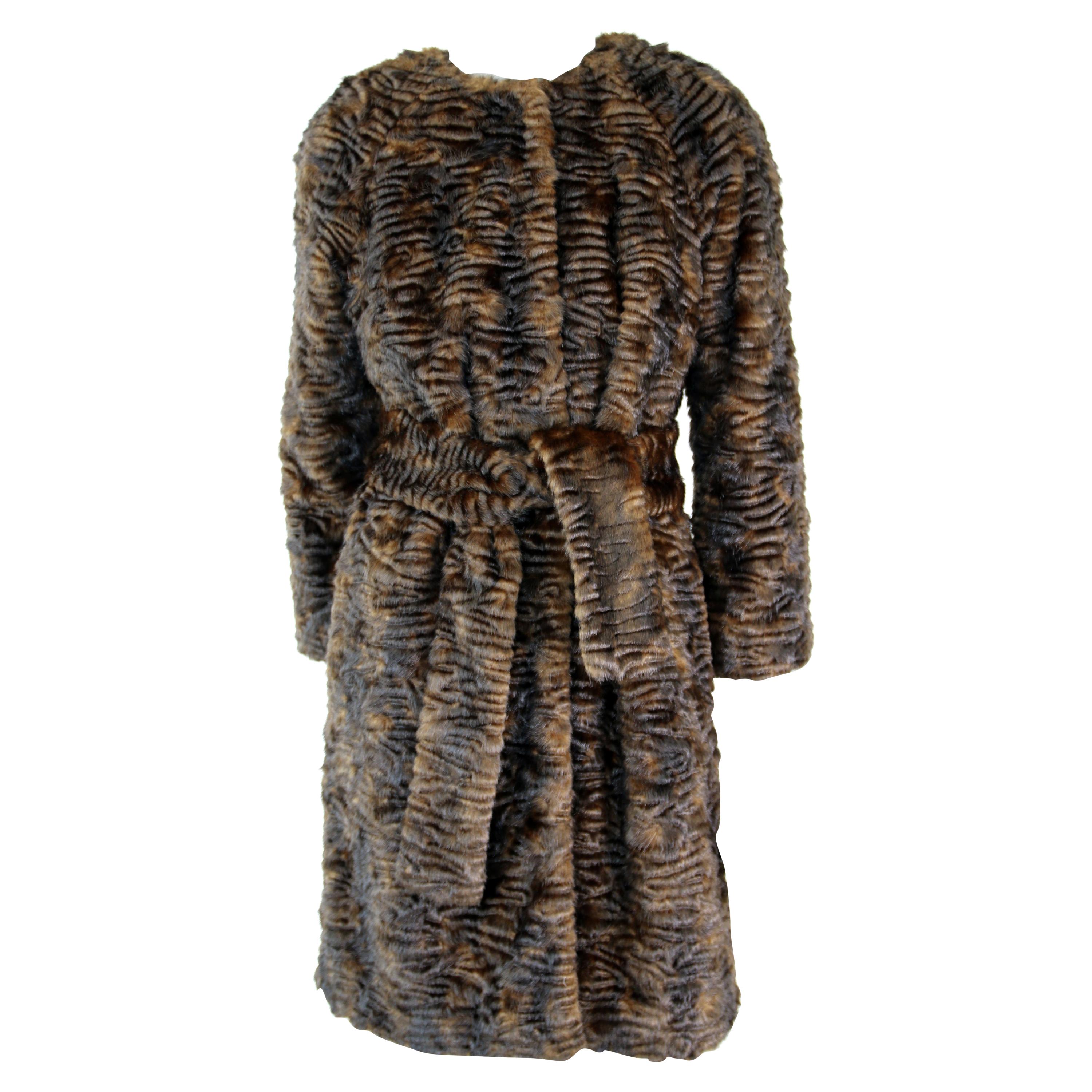 Pelush Brown Astrakhan Faux Fur Coat With Belt - Persian Lamb Fake Fur Coat - XS For Sale