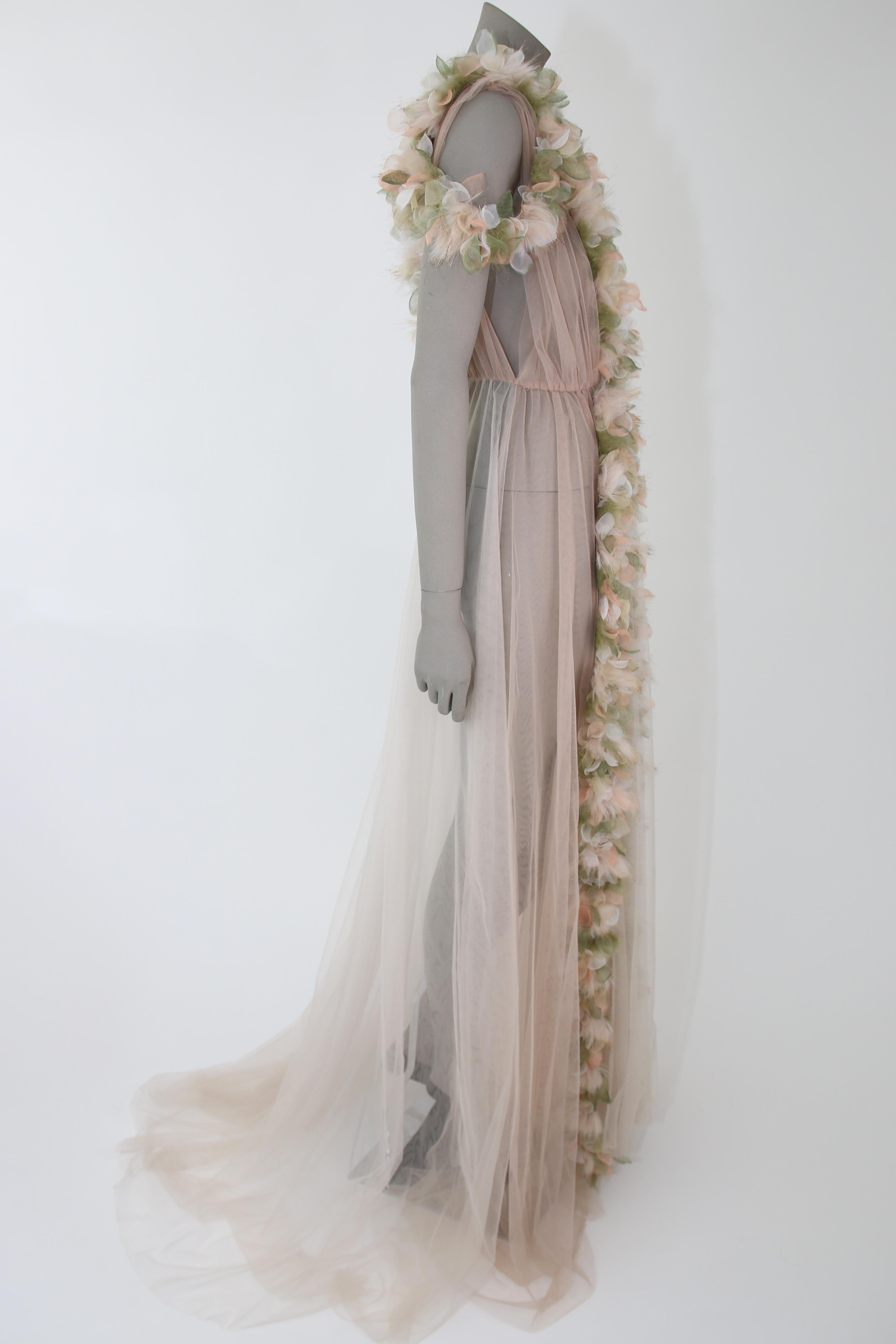 Pelush Champagne Tulle Dress Gown With Tridimensional Flowers And Faux Feathers  3