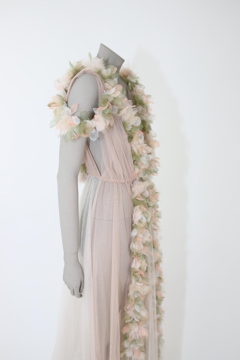 Pelush Champagne Tulle Dress Gown With Tridimensional Flowers And Faux Feathers  6