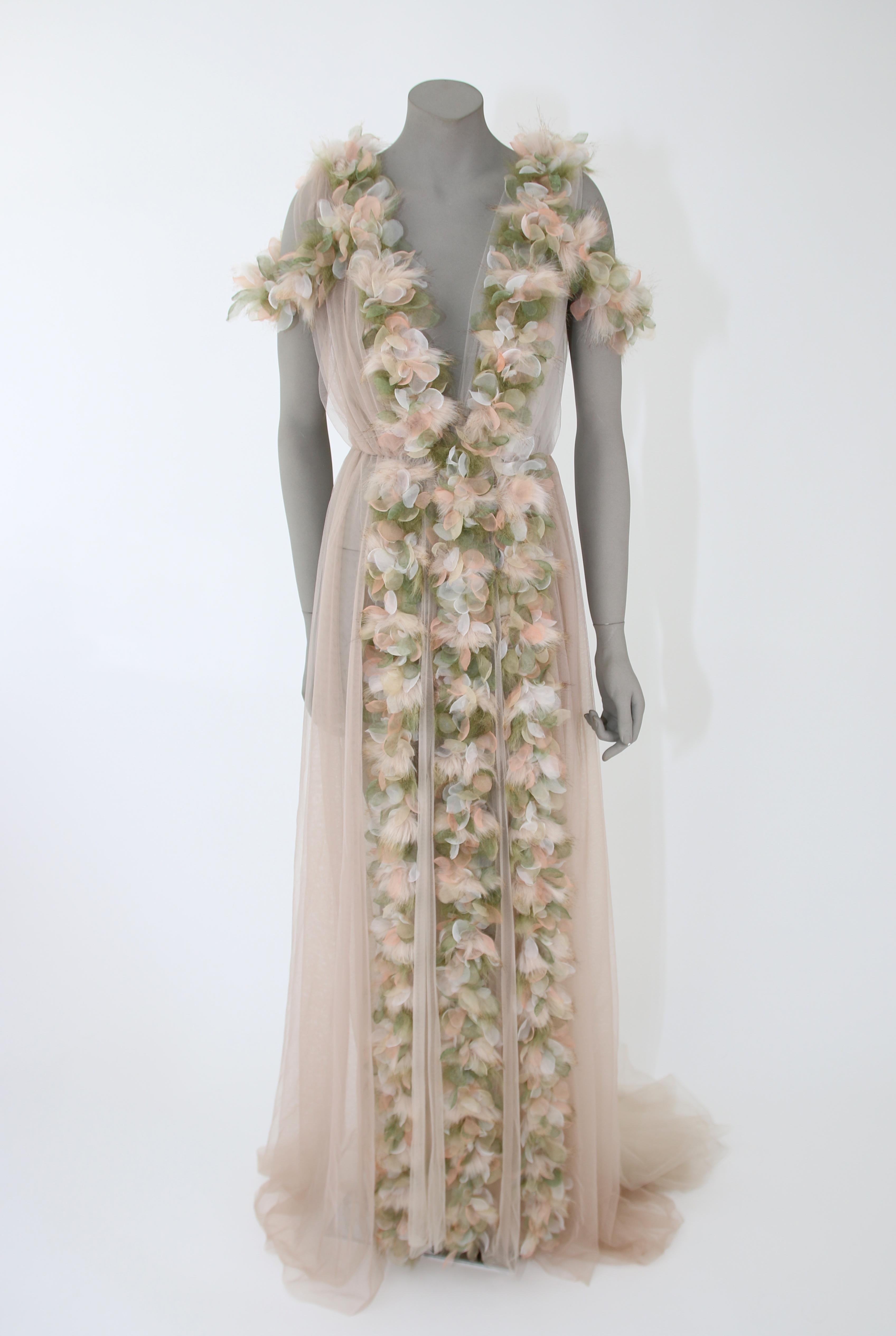 Pelush Champagne Tulle Dress Gown With Tridimensional Flowers And Faux Feathers  5