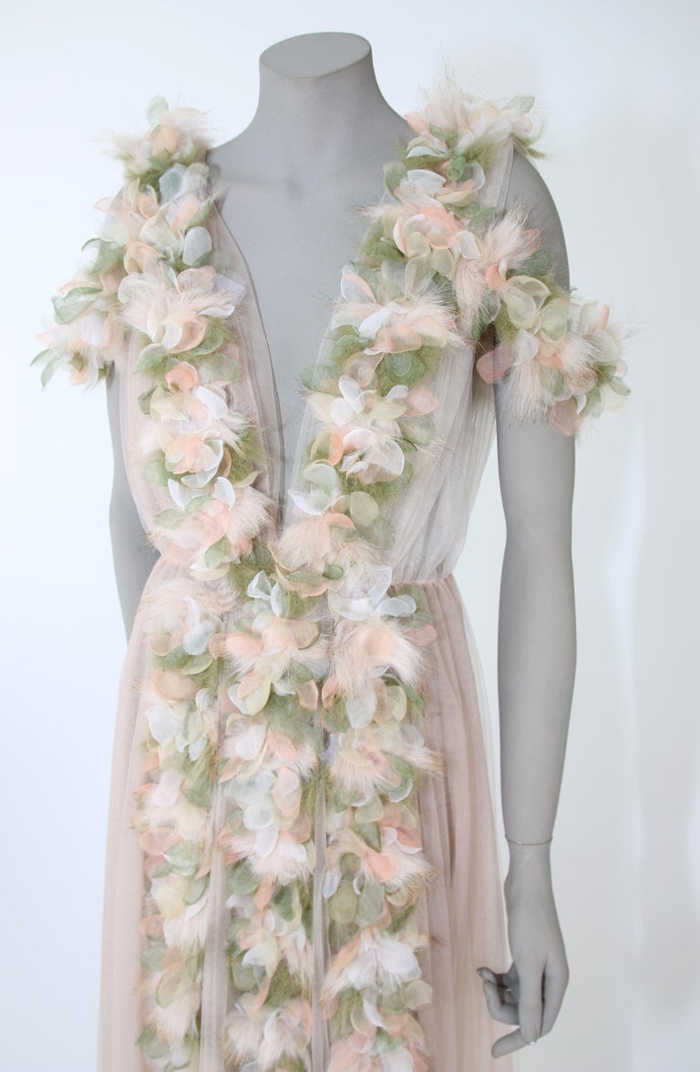 Beige Pelush Champagne Tulle Dress Gown With Tridimensional Flowers And Faux Feathers 