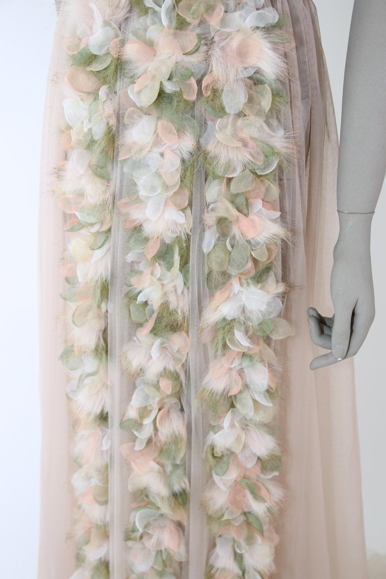 Pelush Champagne Tulle Dress Gown With Tridimensional Flowers And Faux Feathers  2