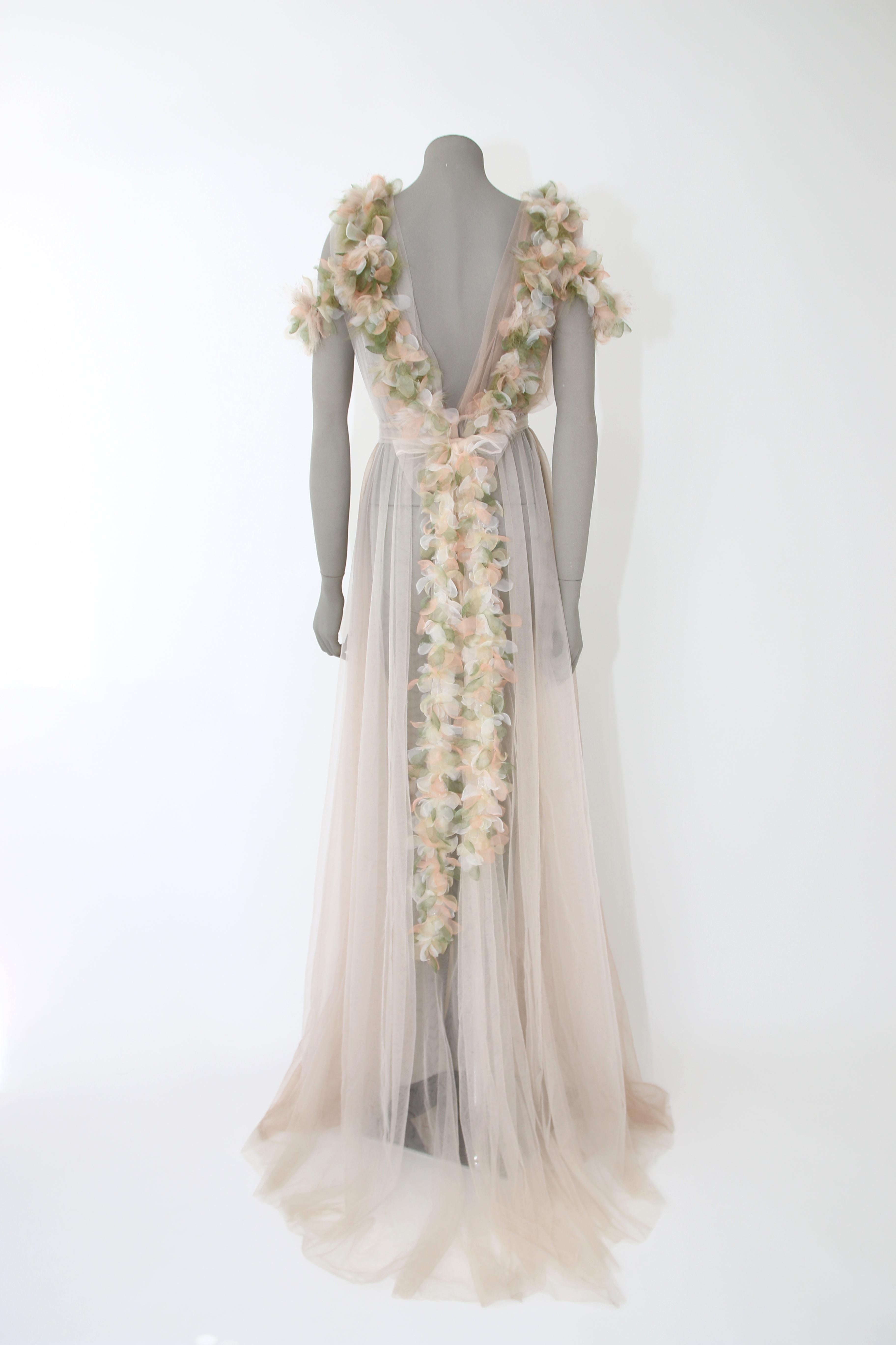 Pelush Champagne Tulle Dress Gown With Tridimensional Flowers And Faux Feathers  1