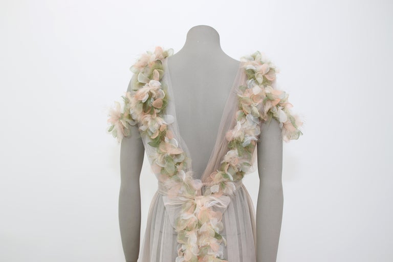 Pelush Champagne Tulle Dress Gown With Tridimensional Flowers And Faux Feathers  4