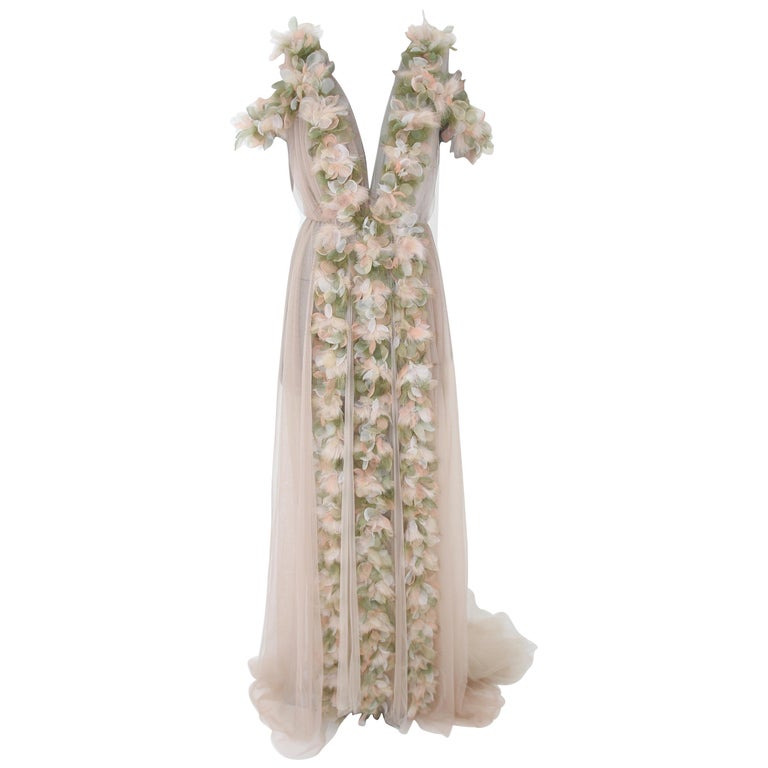 Pelush Champagne Tulle Dress Gown With Tridimensional Flowers And Faux Feathers 