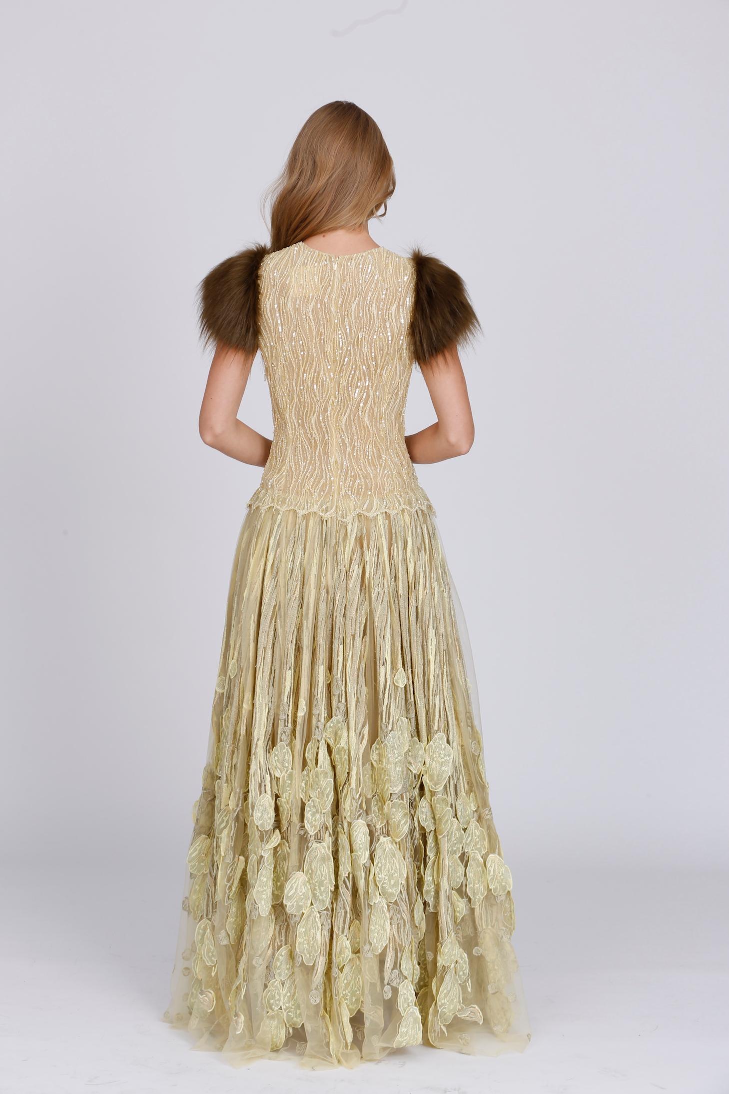 Pelush Citrine Tulle Evening Gown Dress With Faux Fur Cap Sleeves - Small In New Condition For Sale In Greenwich, CT