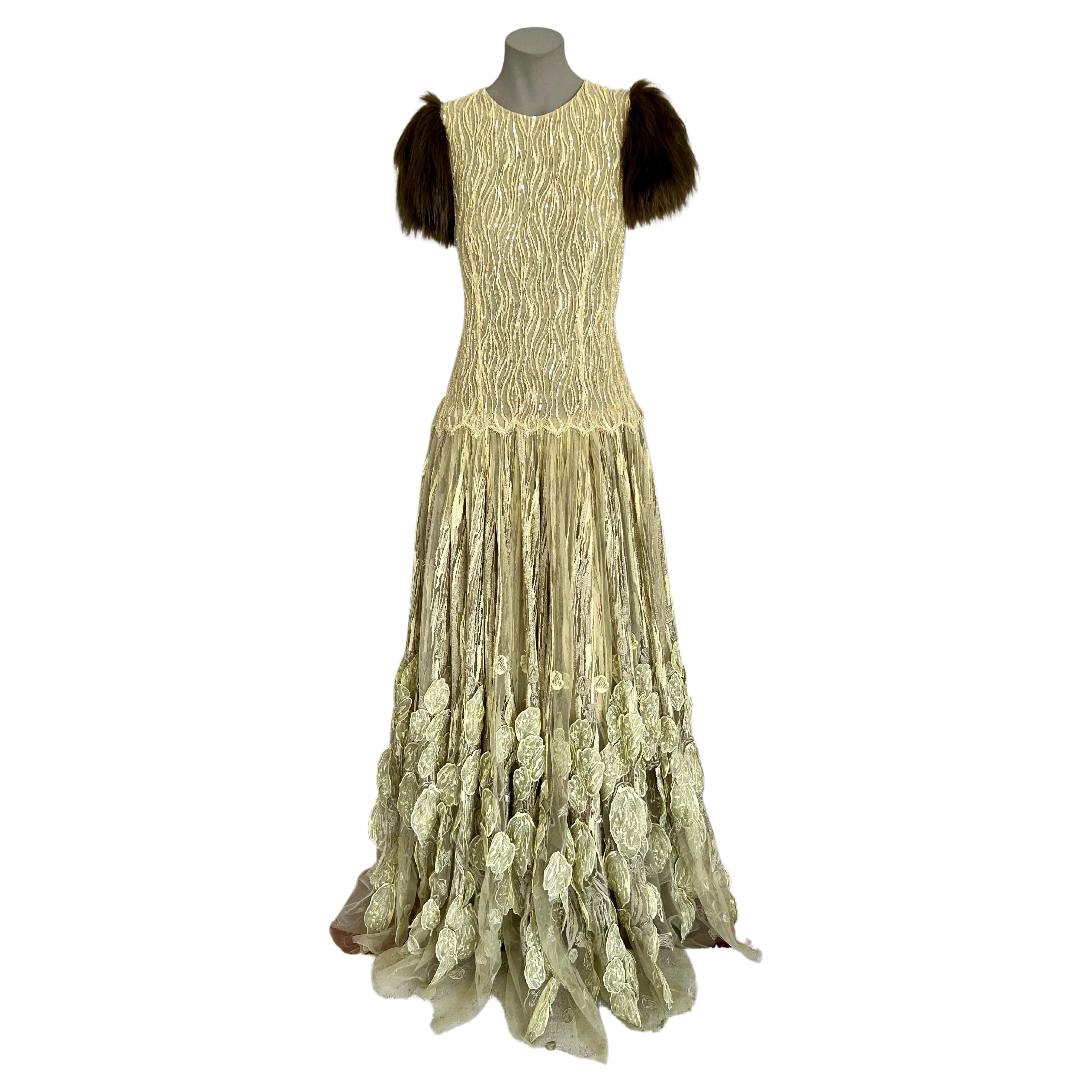Pelush Citrine Tulle Evening Gown Dress With Faux Fur Cap Sleeves - Small For Sale