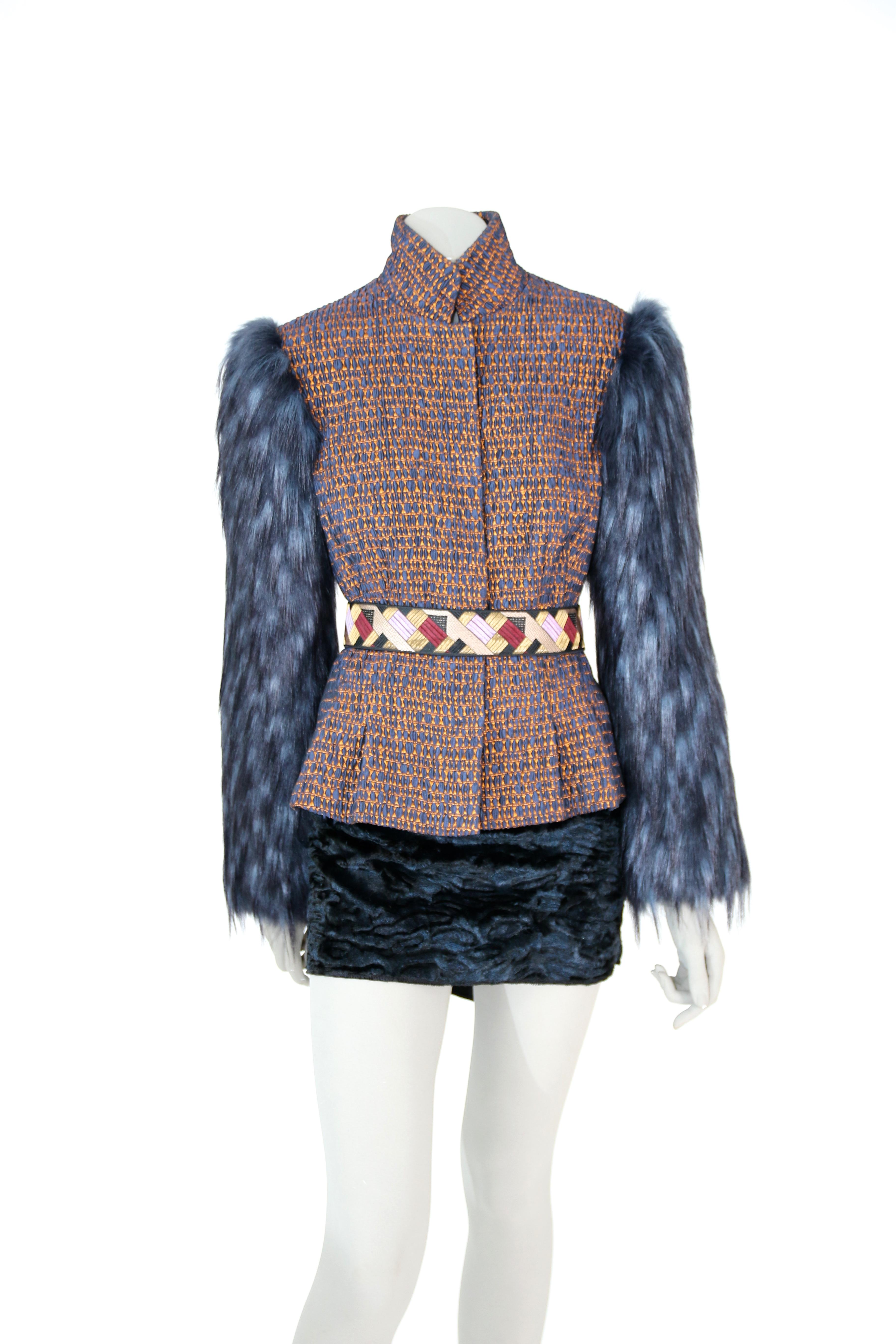 Pelush Copper And Blue Brocade Faux Fur Fox Jacket XS/Small For Sale