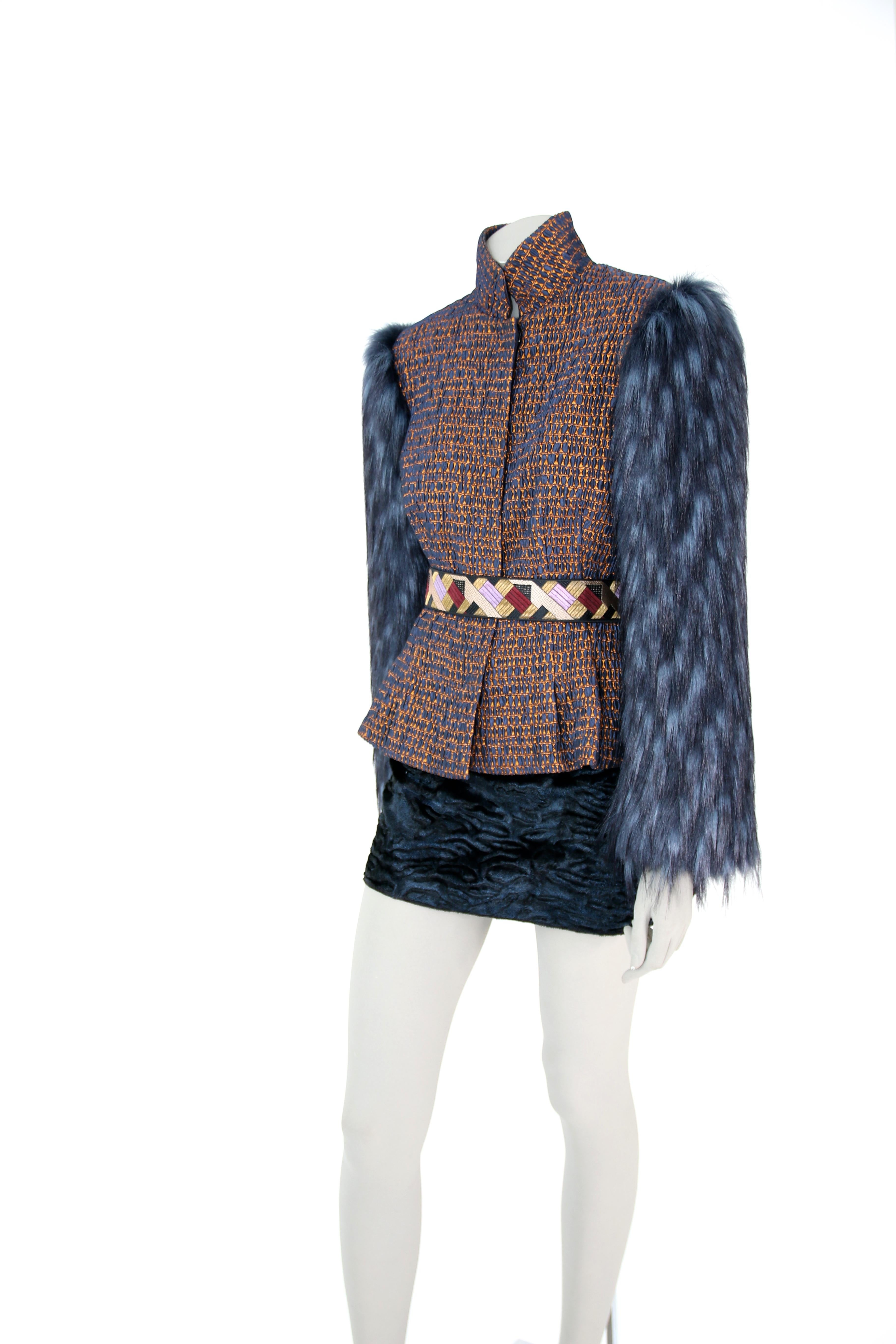 Pelush Copper And Blue Brocade Faux Fur Fox Jacket XS/Small For Sale