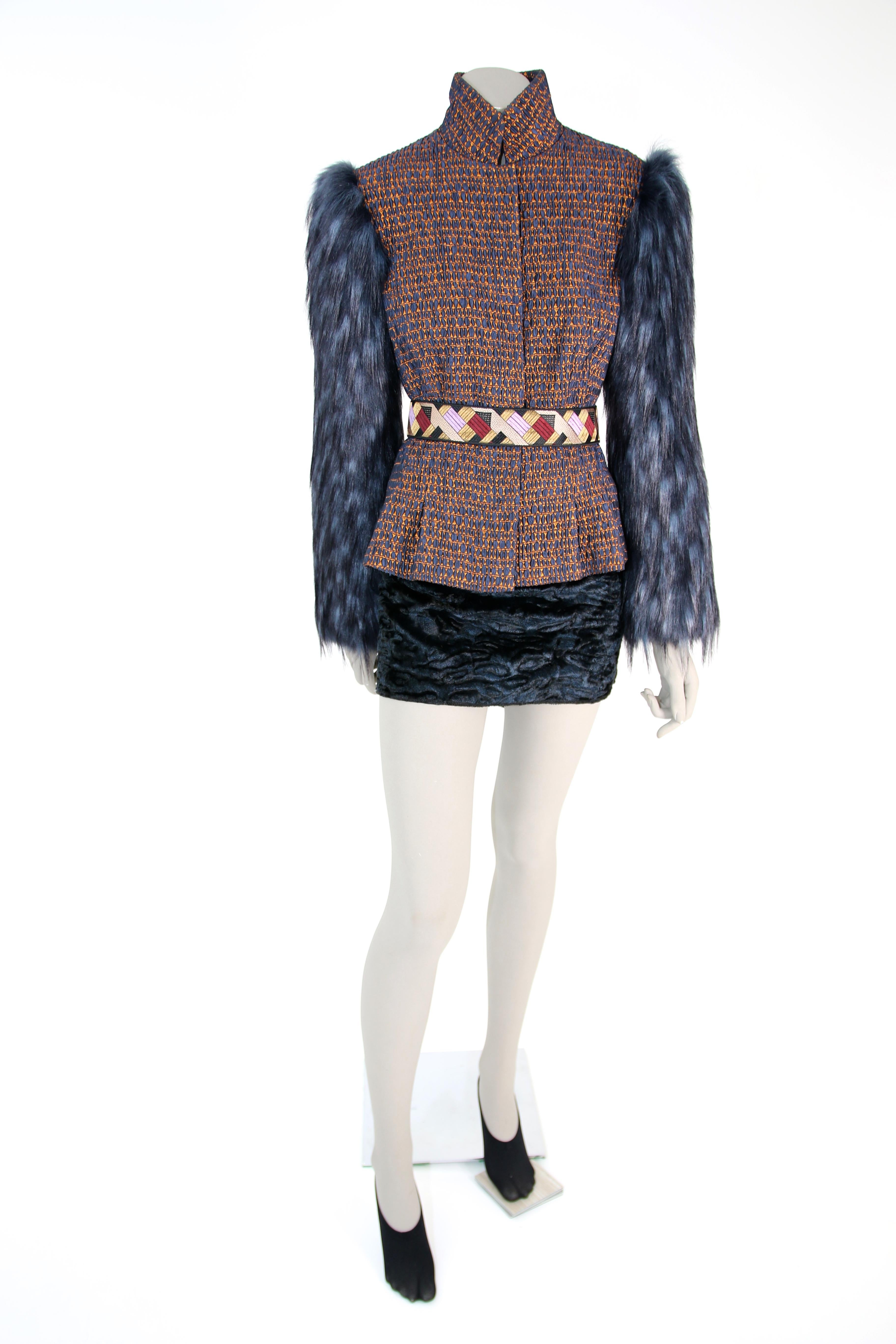 Pelush Copper And Blue Brocade Faux Fur Fox Jacket XS/Small For Sale