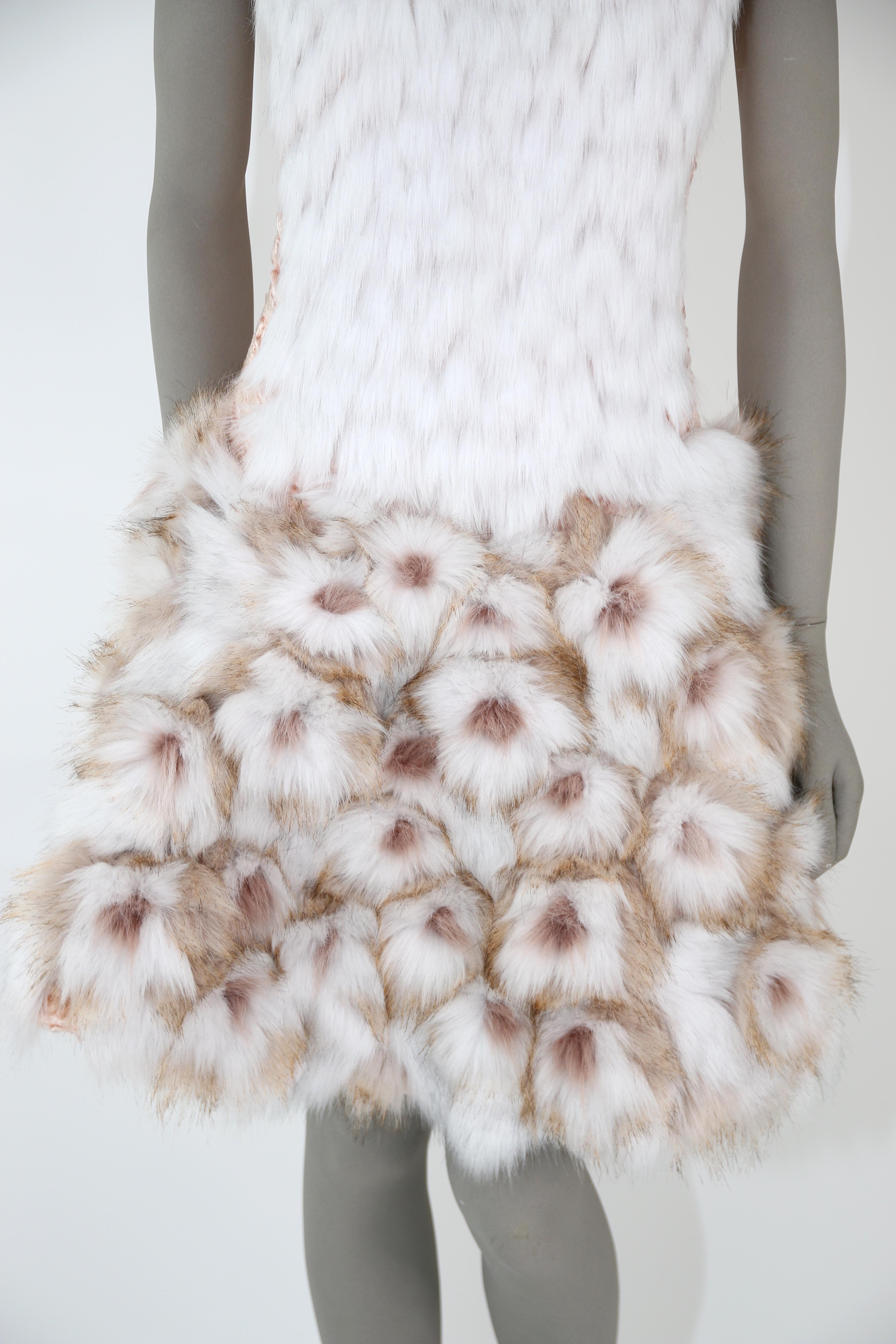 Pelush Couture White Faux Fur Dress With Three Dimensional Flowers - Small In New Condition For Sale In Greenwich, CT