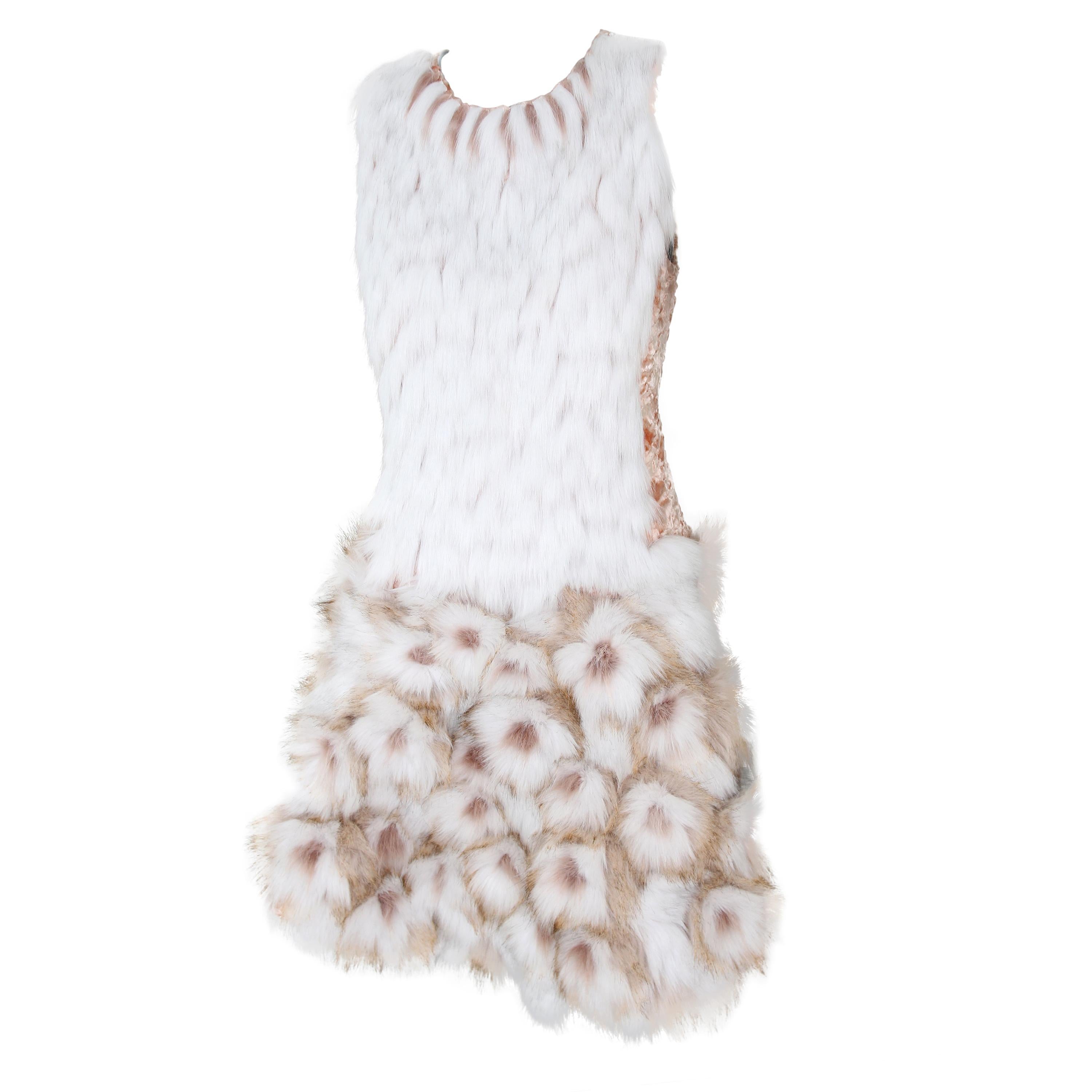 Pelush Couture White Faux Fur Dress With Three Dimensional Flowers - Small