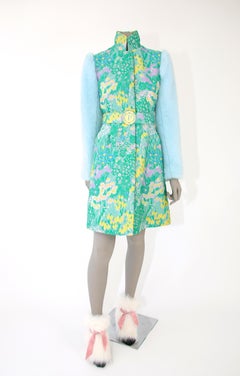 Pelush Flower Brocade Coat with Belt and Faux Fur Mink - X-Small