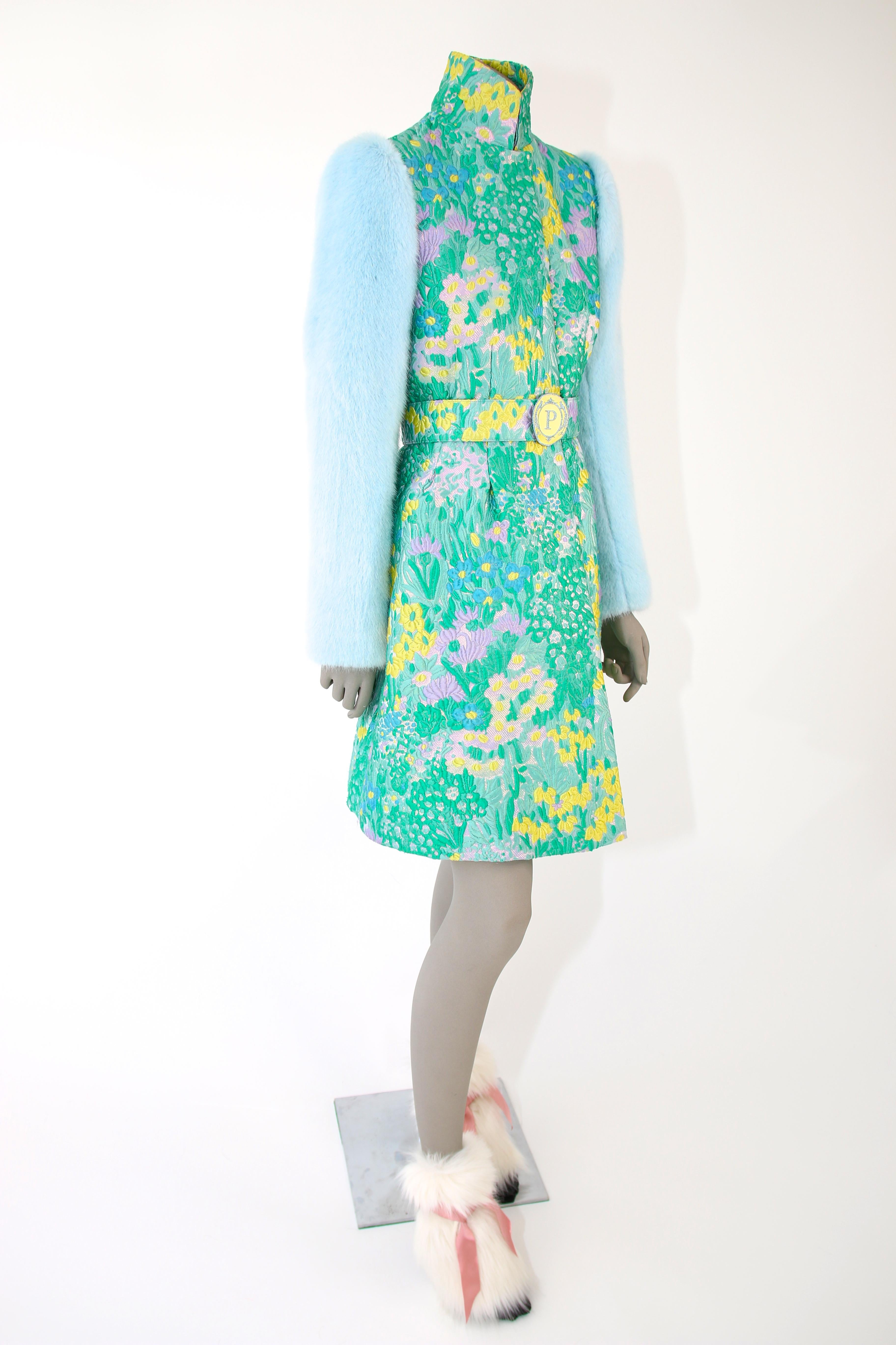 Pelush Flower Brocade Coat with Belt and Faux Fur Mink - X-Small In New Condition For Sale In Greenwich, CT