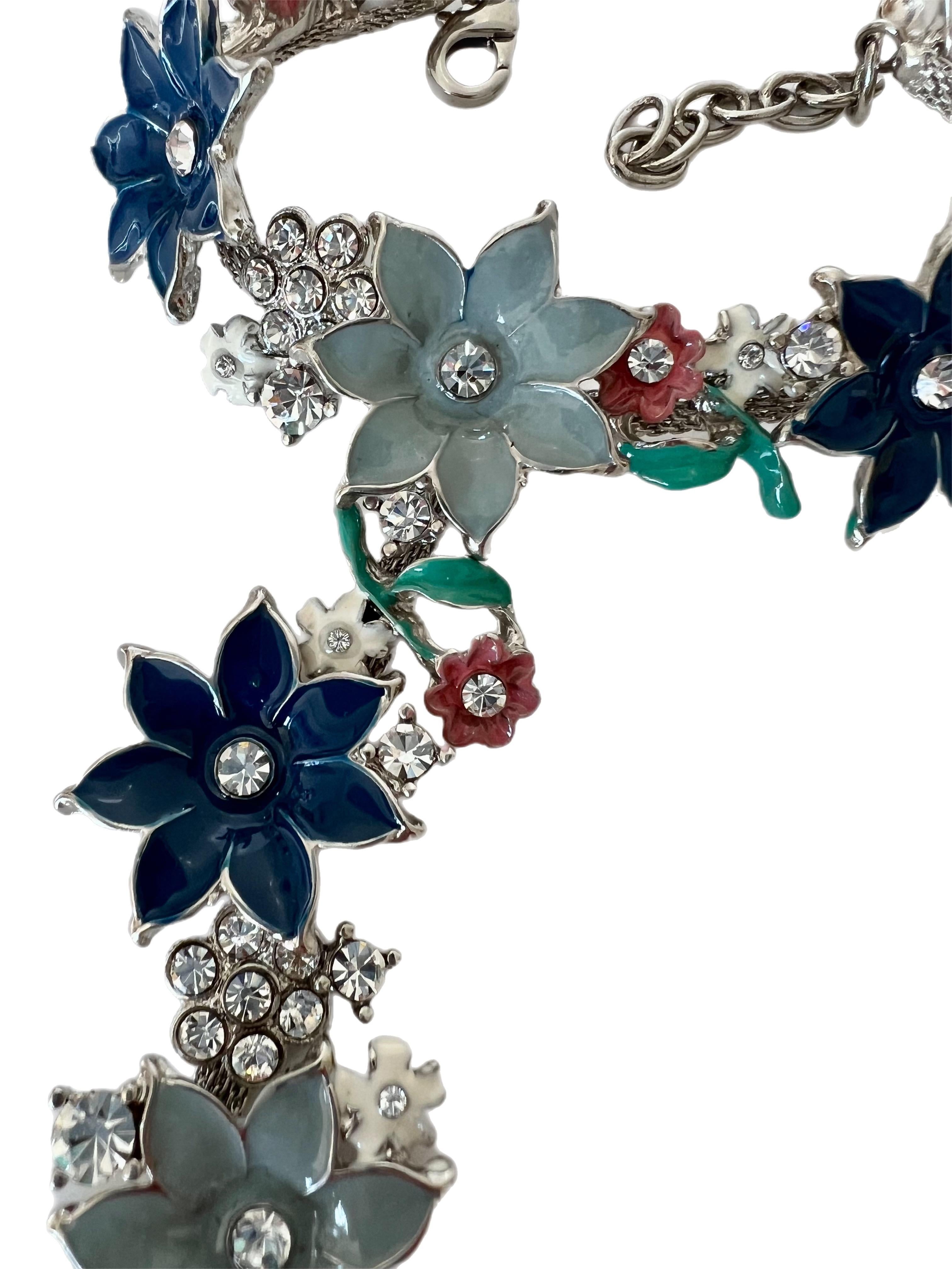 This original Pelush flower enameled pink and blue bracelet ring with crystals is a one of a kind exclusive piece. Made in Florence by local master artisans which have a long heritage of metalworking techniques. Each tridimensional flower is