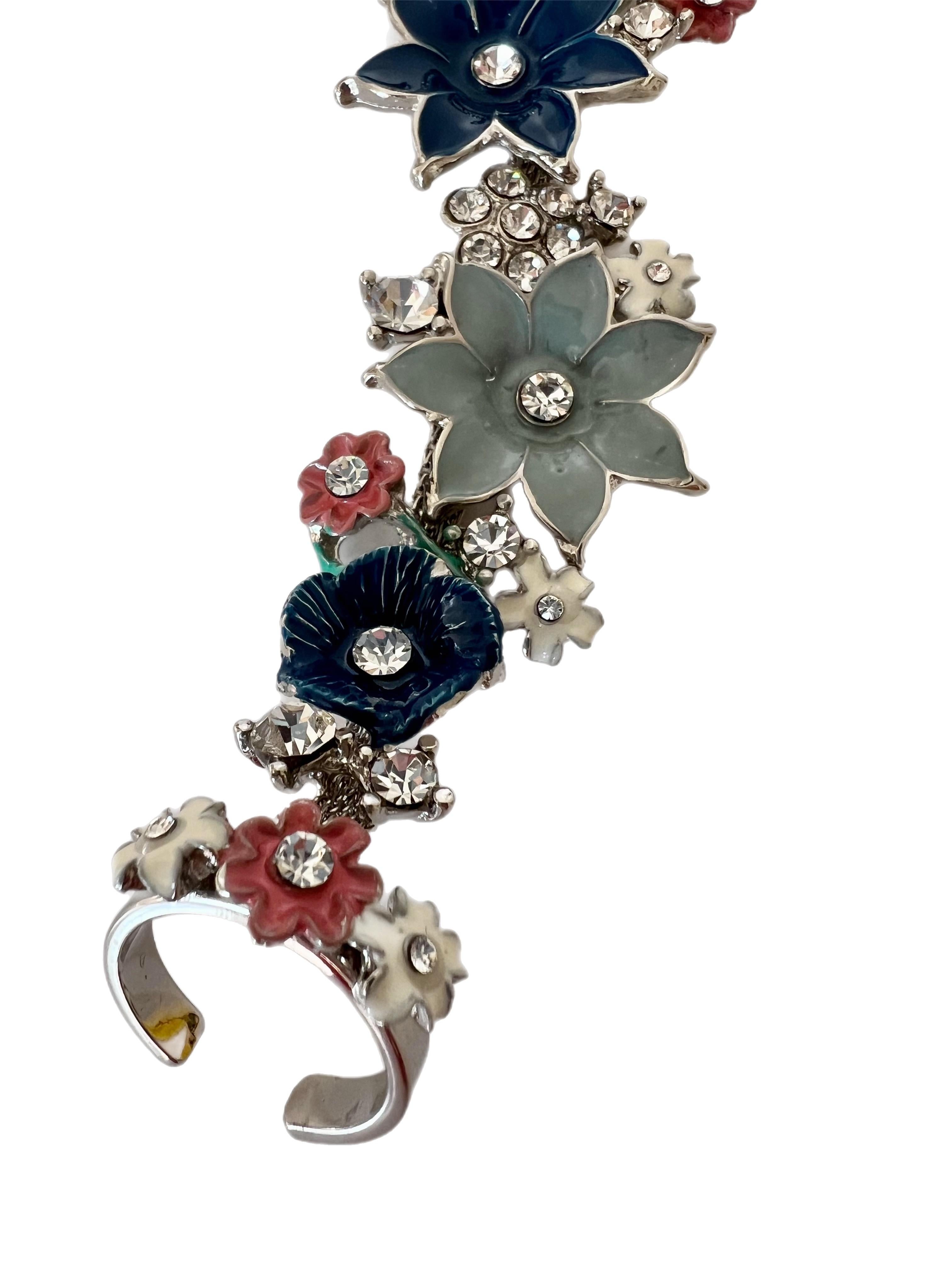 Contemporary Pelush Flower Enameled Pink And Blue Bracelet Ring With Crystal Fashion Jewelry For Sale