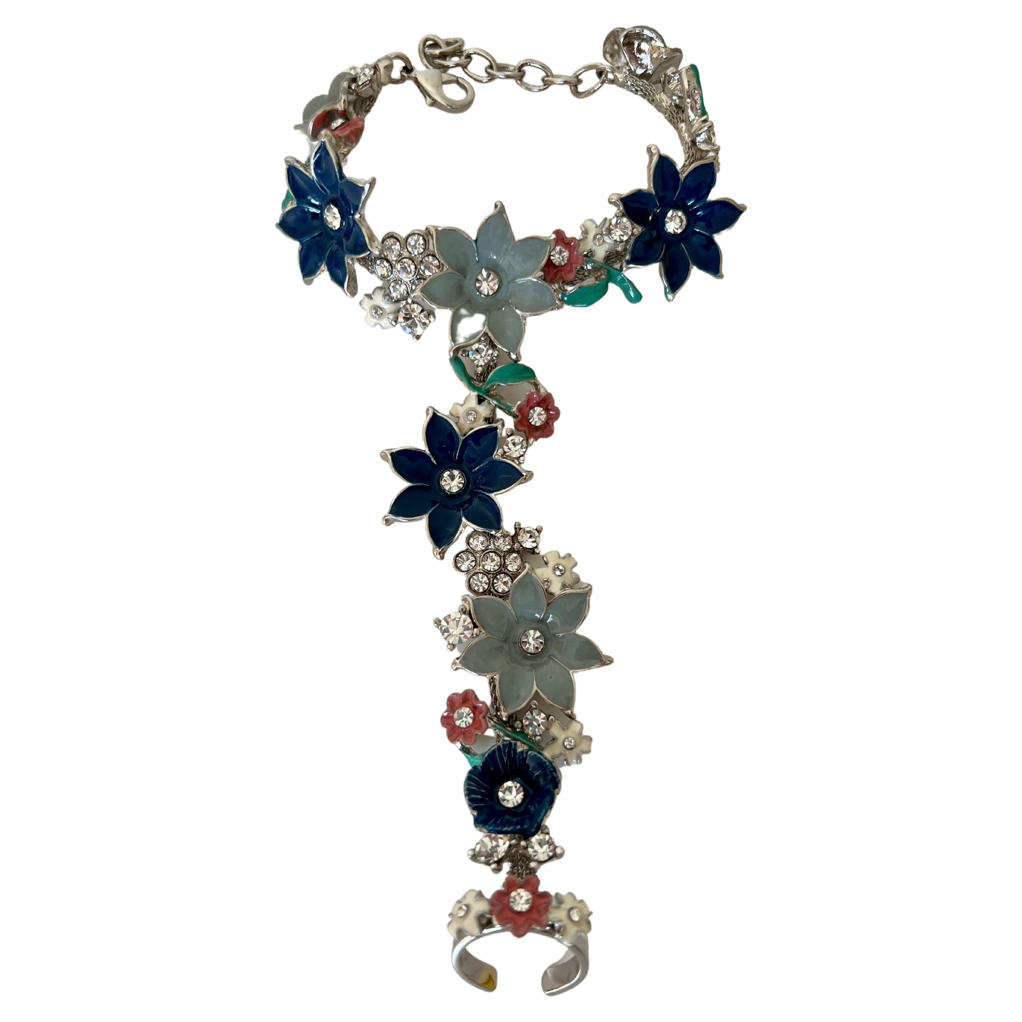 Pelush Flower Enameled Pink And Blue Bracelet Ring With Crystal Fashion Jewelry