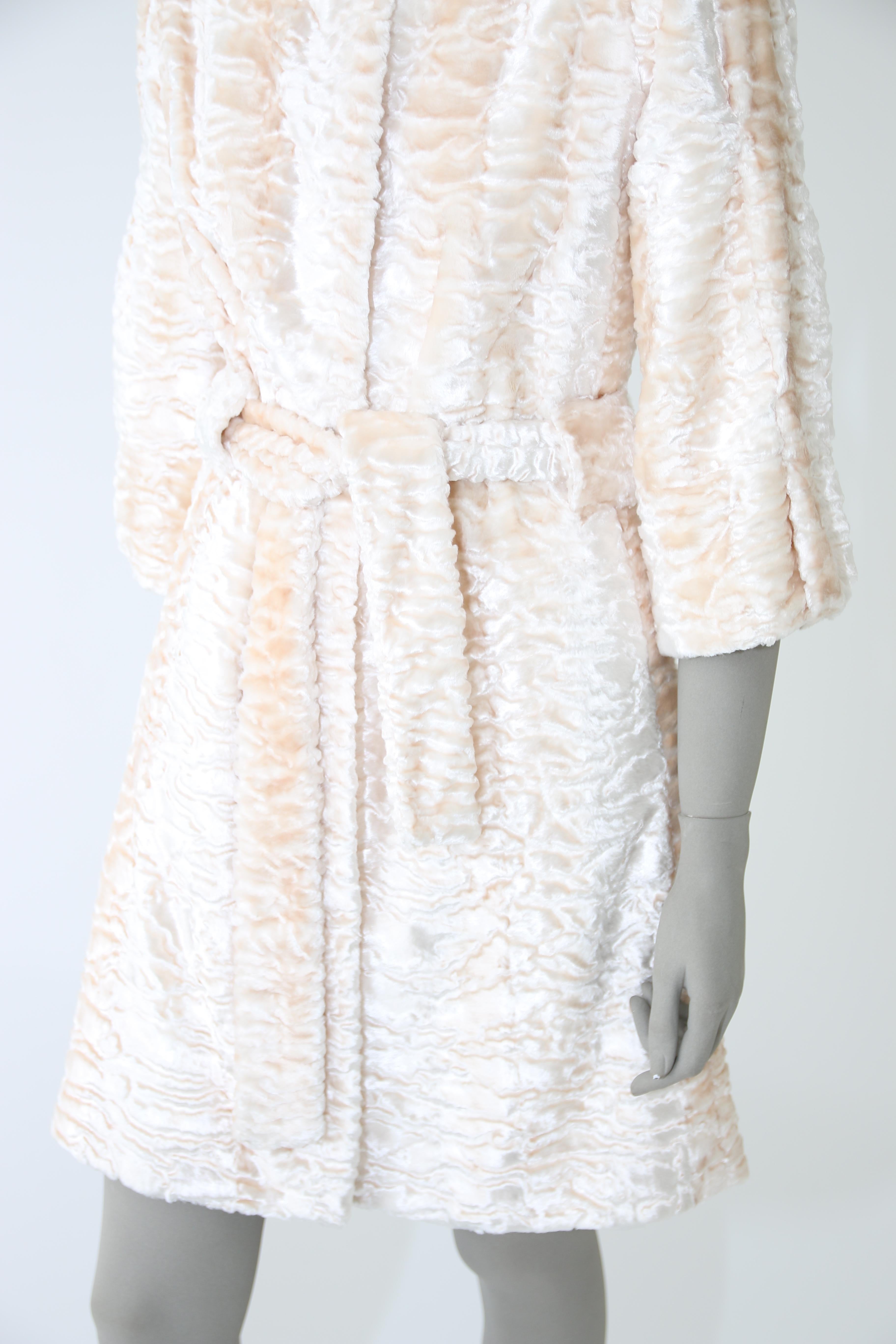 Gray Pelush Ivory Astrakhan Faux Fur Coat With Belt - XS - (1/Small Available) For Sale