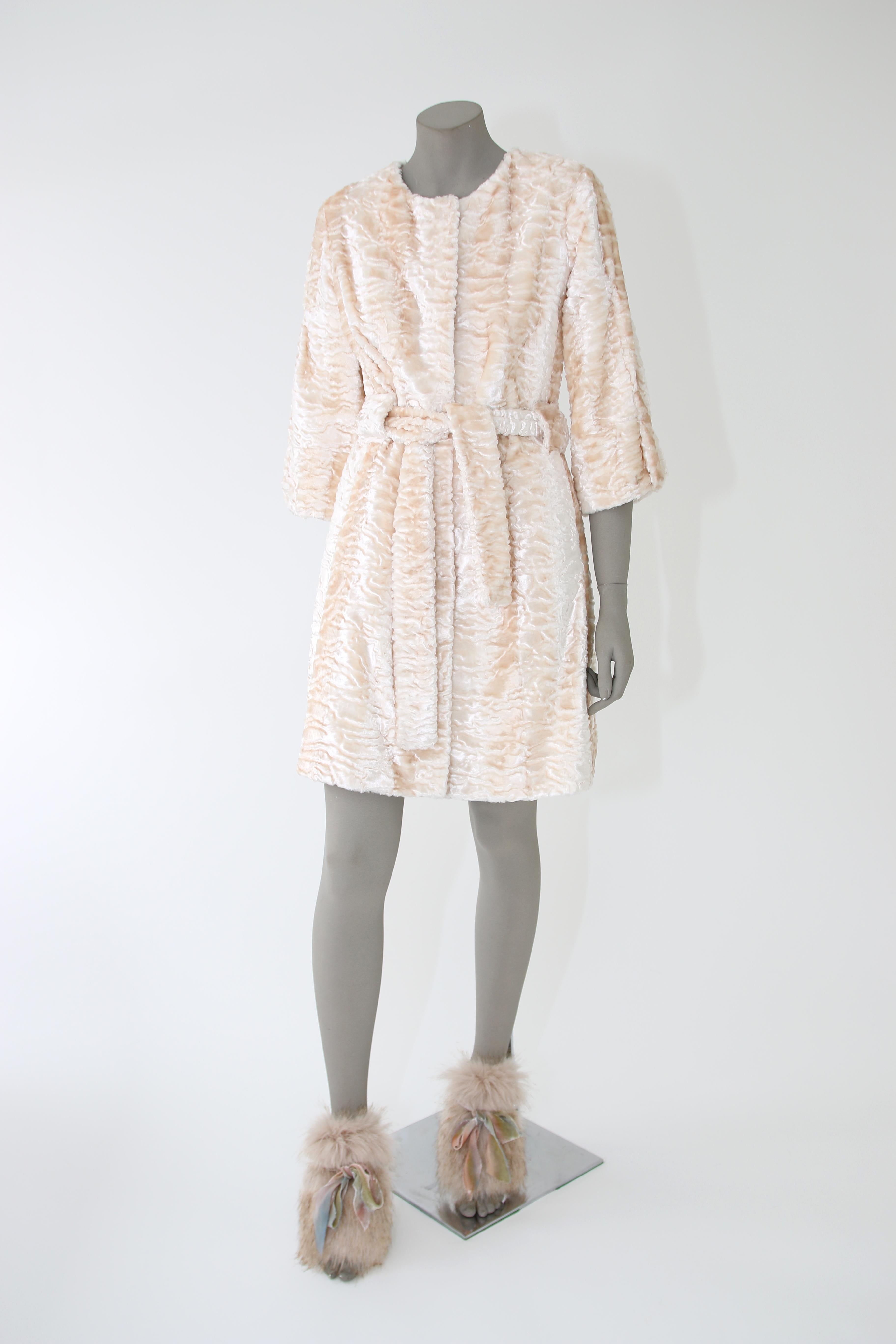 Pelush Ivory Astrakhan Faux Fur Coat With Belt - XS - (1/Small Available) In New Condition For Sale In Greenwich, CT