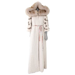 Pelush Light Beige Faux Fur Caftan Coat with Embroidery and Detachable Hood - S