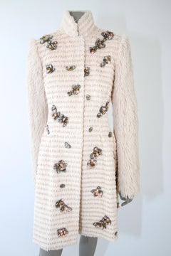 Pelush Light Beige Faux Fur Coat with Handmade Embroidery - Small