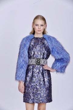 Pelush Metallic Gray Faux Fur Coat with Turquoise Faux Fox Sleeves - XS