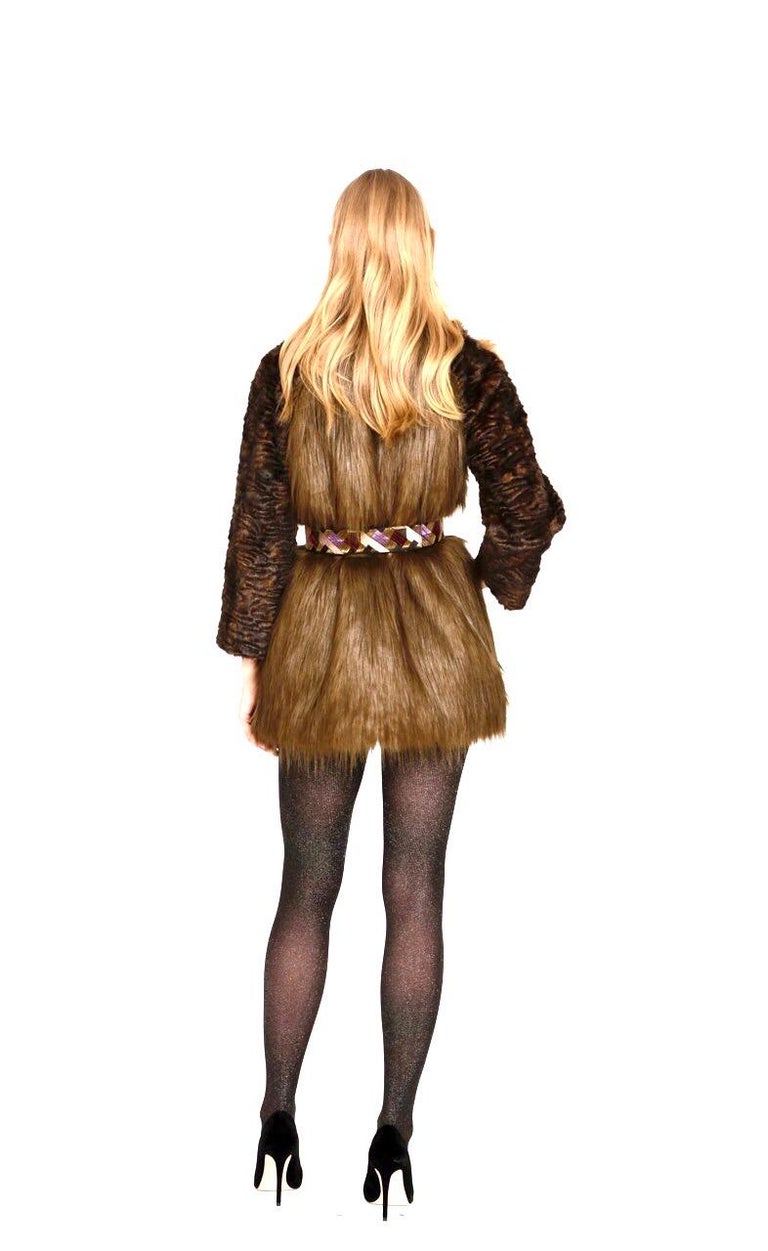 Pelush Moss Green and Brown Faux Fur Jacket In Faux Fox And Astrakhan -XS/Small For Sale 6