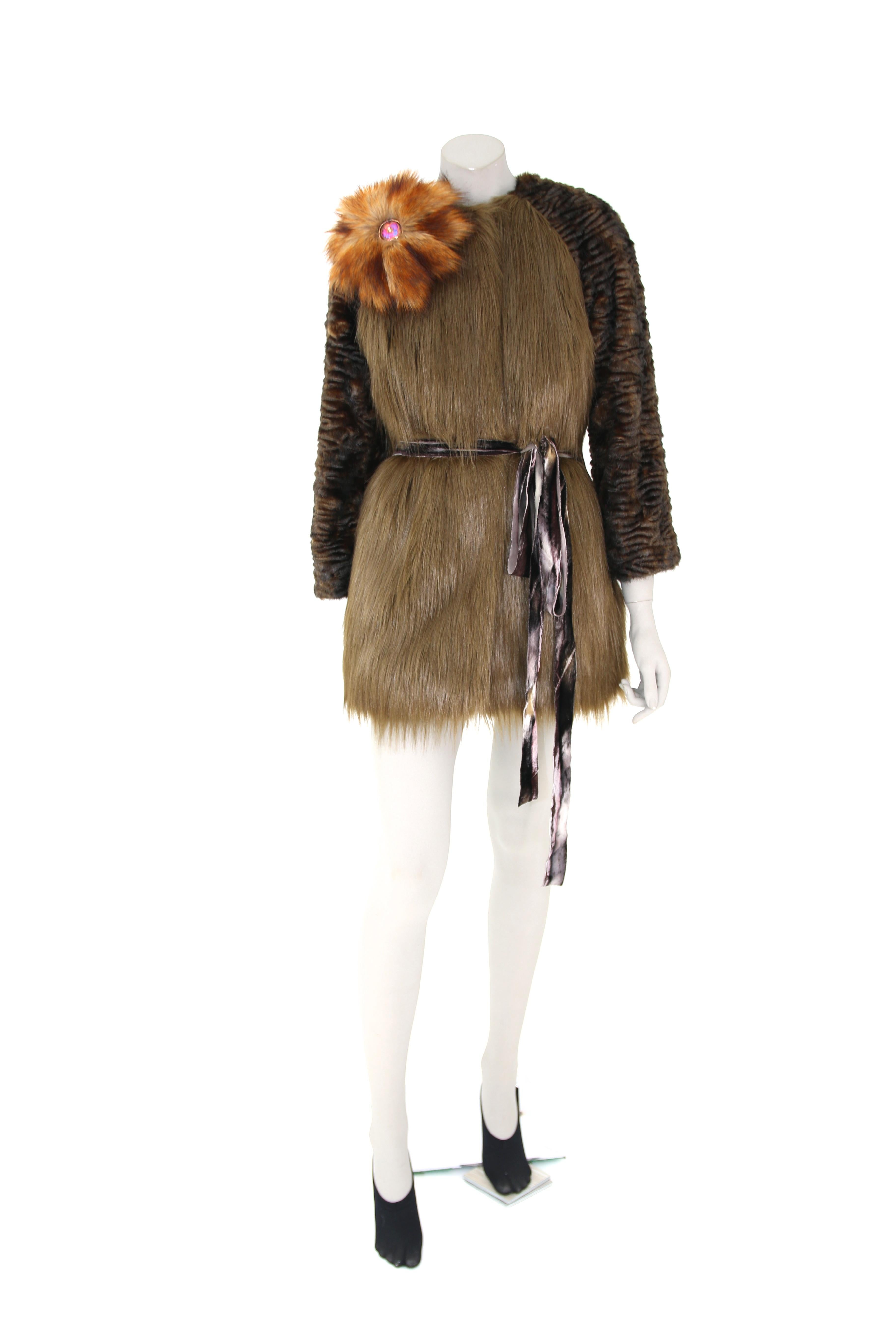 Pelush Moss Green and Brown Faux Fur Jacket In Faux Fox And Astrakhan -XS/Small For Sale 2