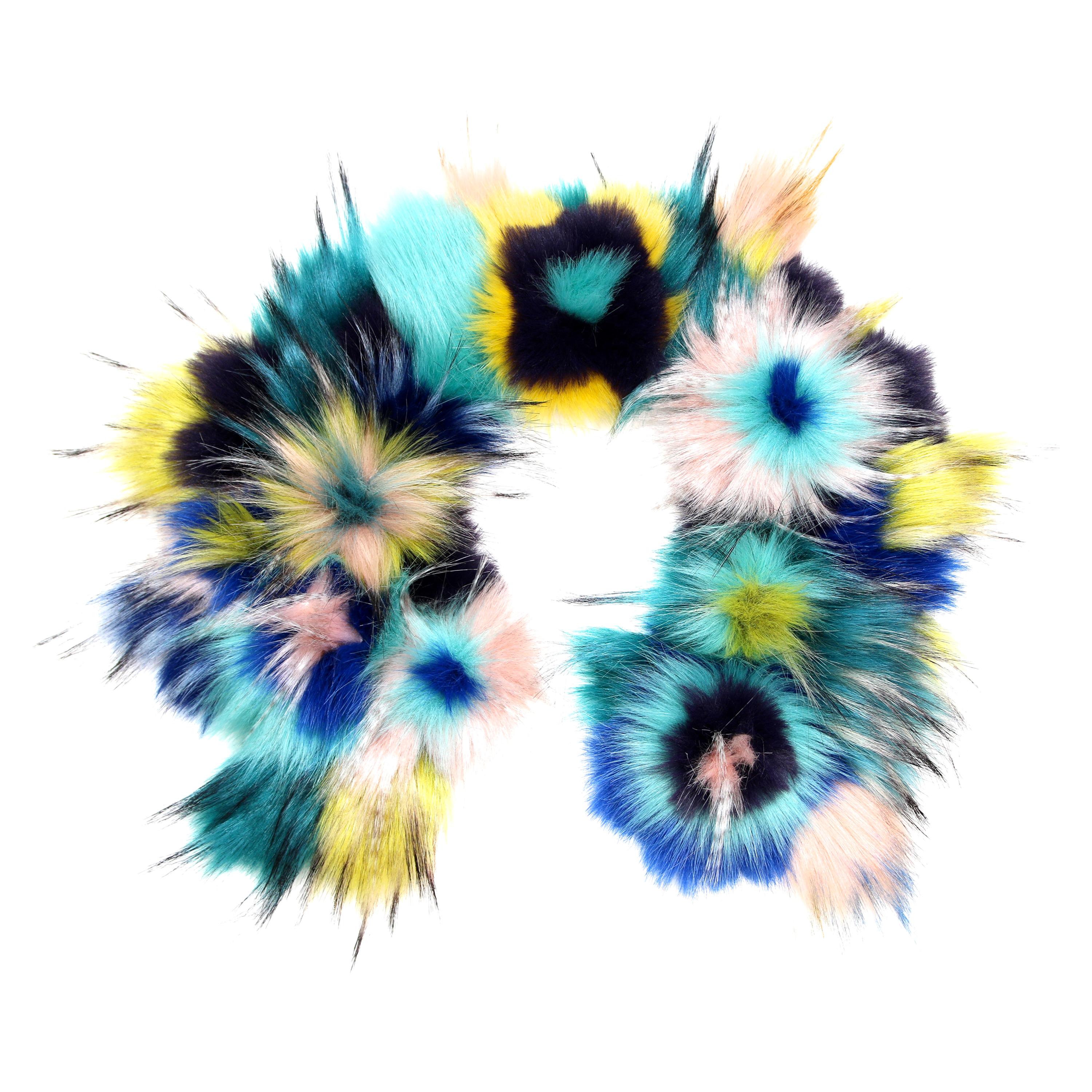 Pelush Multi Color Faux Fur Collar With Three Dimensional Flowers - One Size 