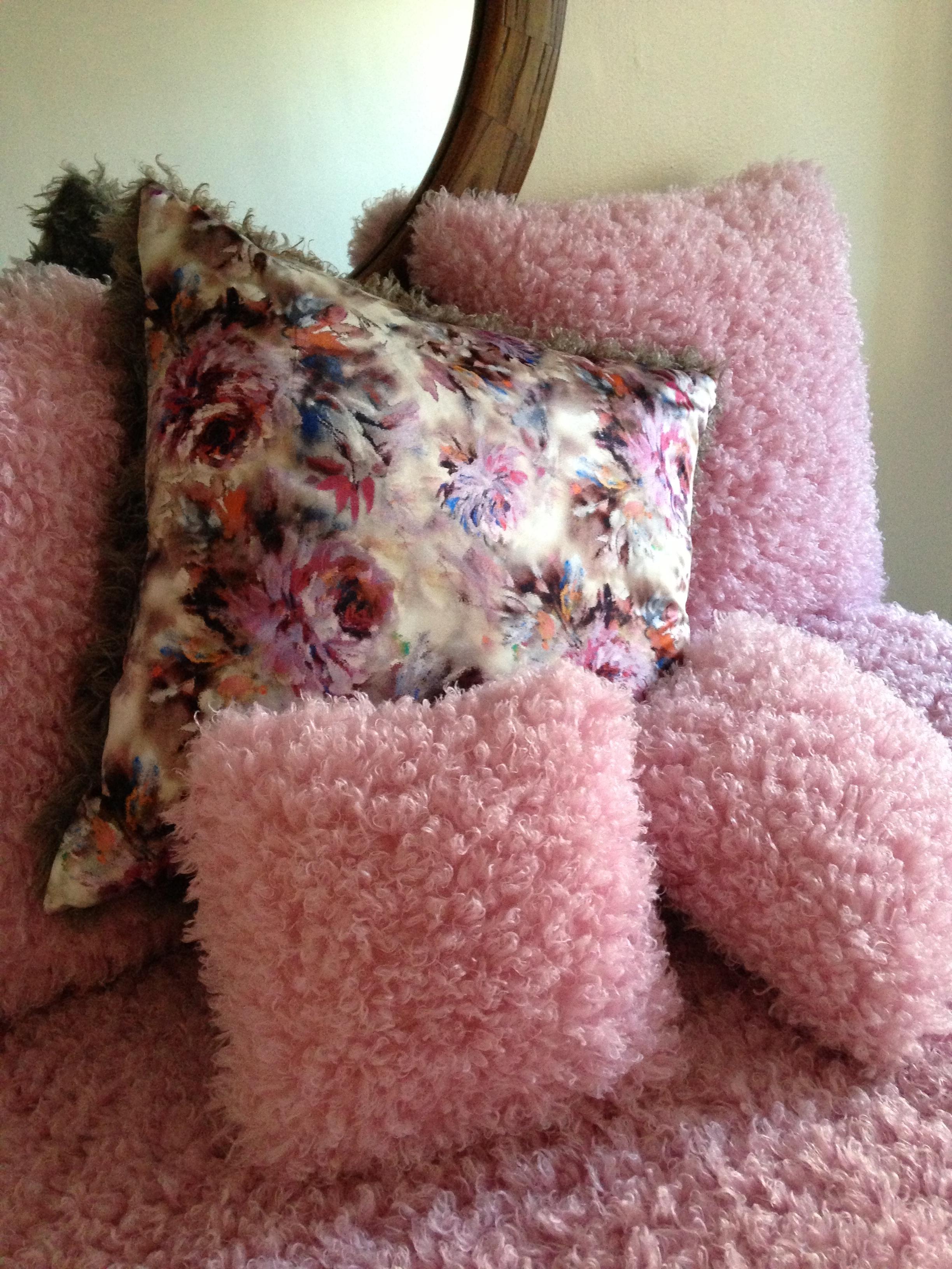 This pair of Pelush mushroom curly faux fur pillows are made with custom boucle' fabric and Italian floral silk charmeuse, reminiscent of an impressionist painting. The inside is down alternative. Match these two large faux fur pillows with our