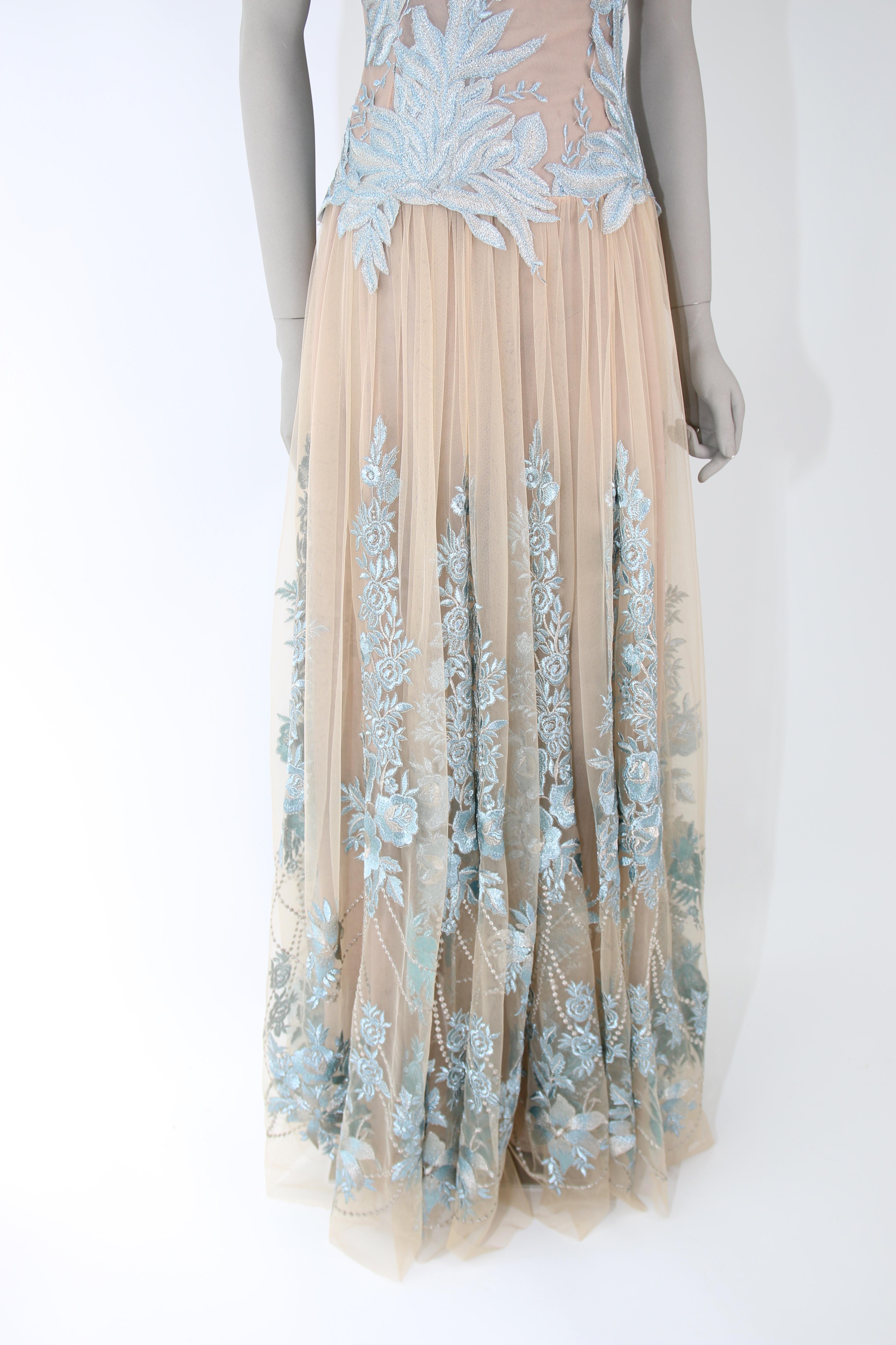 Pelush Nude And Powder Blue Tulle Dress Gown With Floral Metallic Embroidery - S For Sale 2