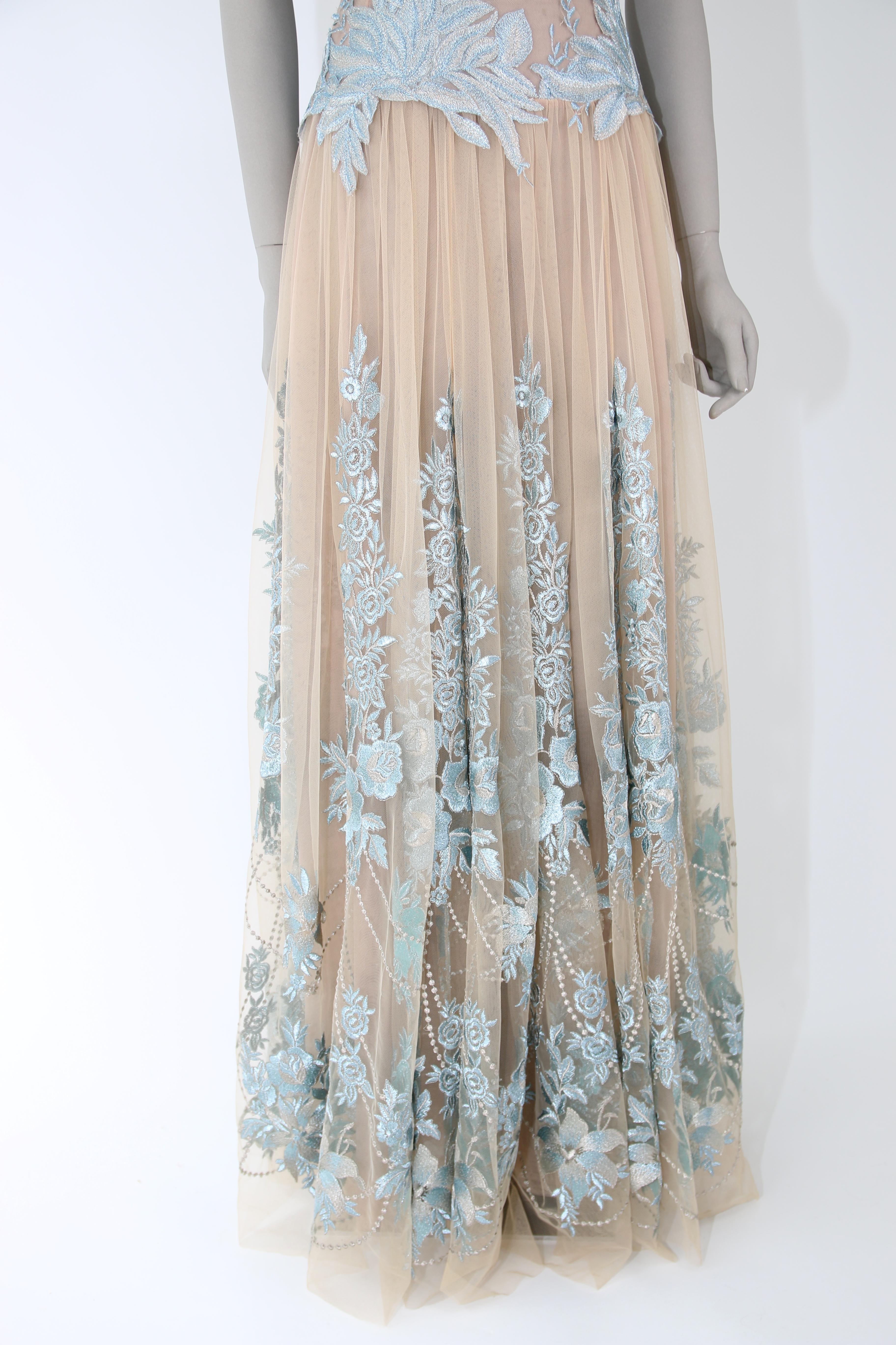 Pelush Nude And Powder Blue Tulle Dress Gown With Floral Metallic Embroidery - S For Sale 3
