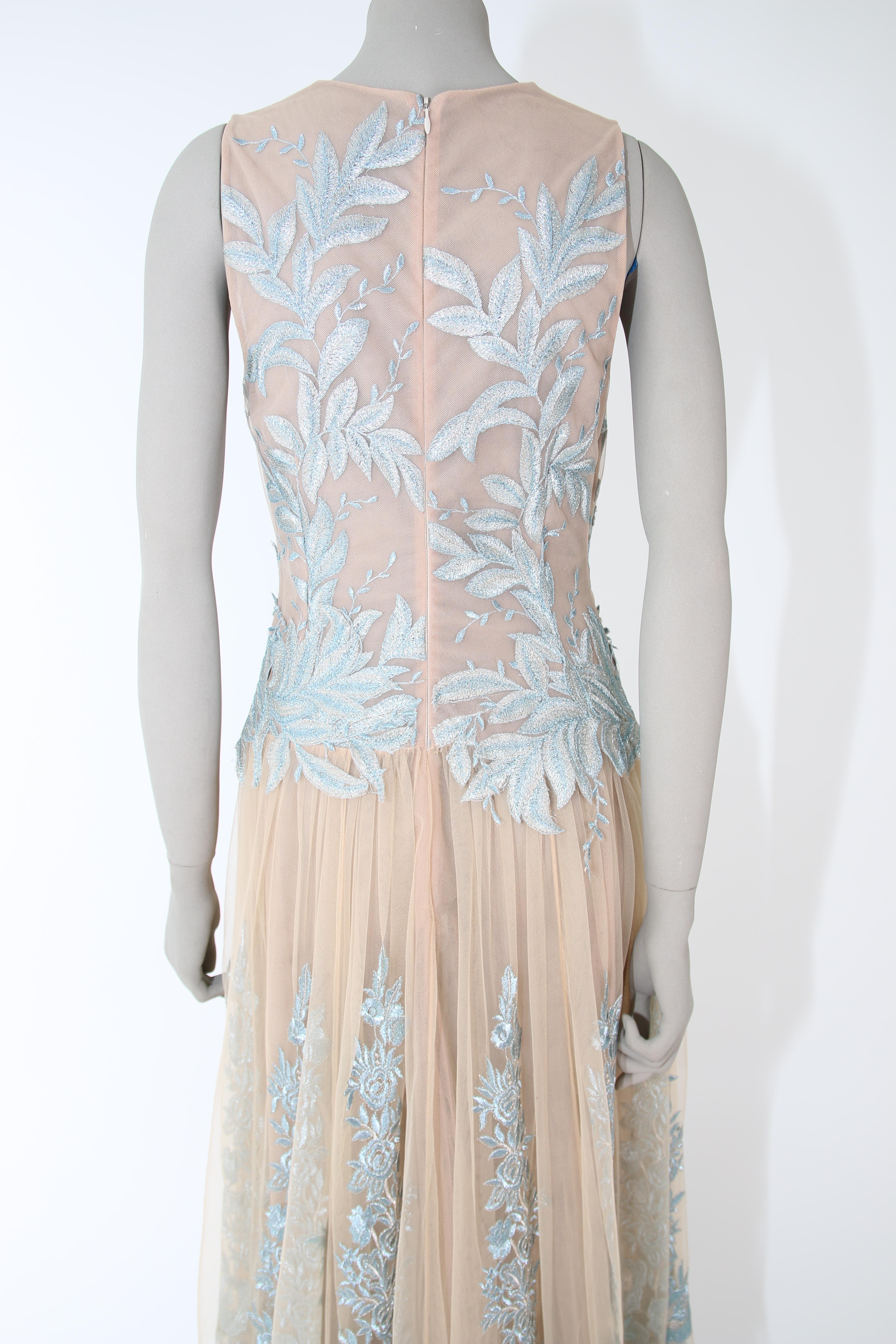 Pelush Nude And Powder Blue Tulle Dress Gown With Floral Metallic Embroidery - S For Sale 4