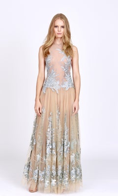 Pelush Nude And Powder Blue Tulle Dress Gown With Floral Metallic Embroidery - S