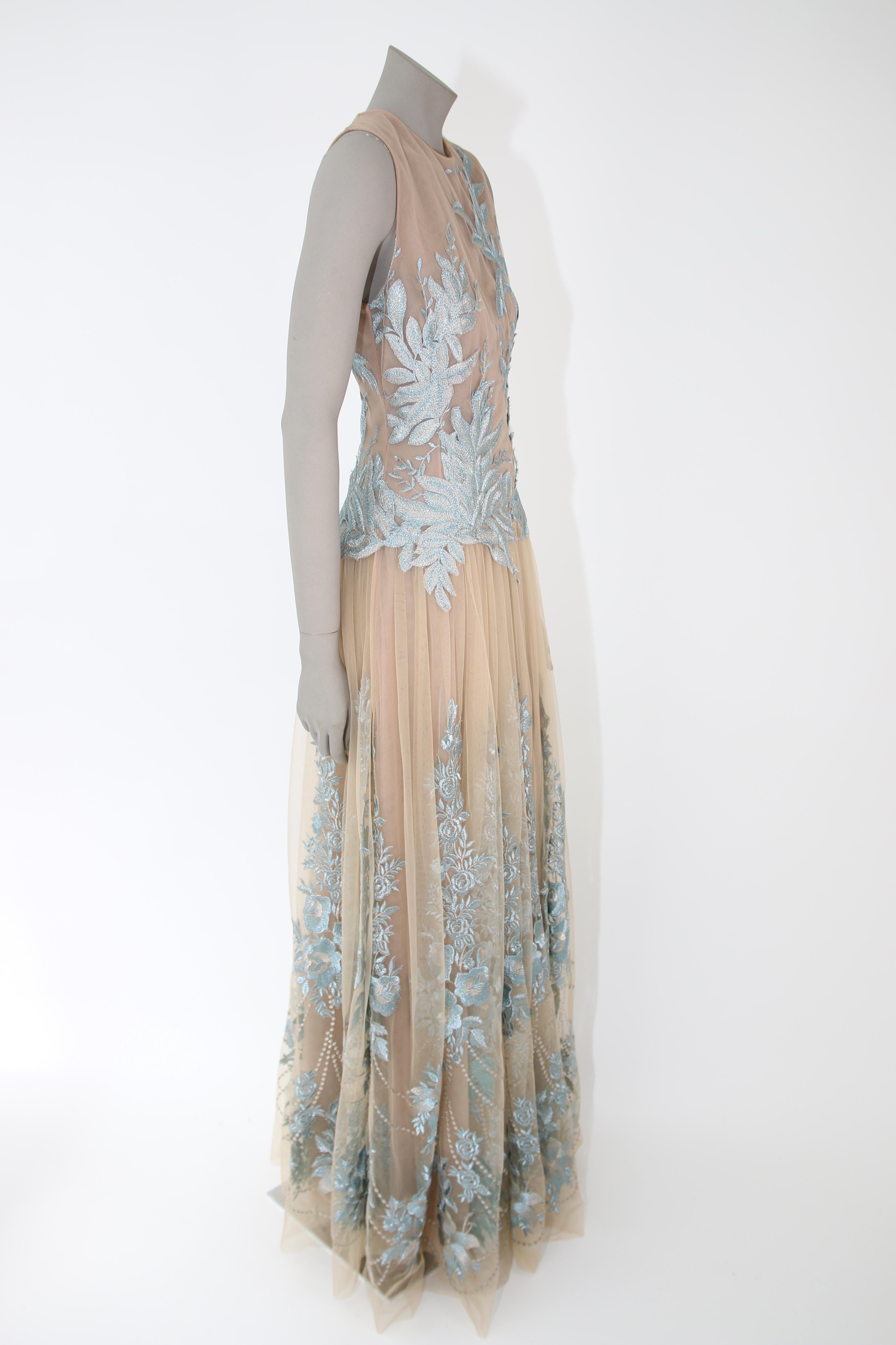 Gray Pelush Nude And Powder Blue Tulle Dress Gown With Floral Metallic Embroidery - S For Sale