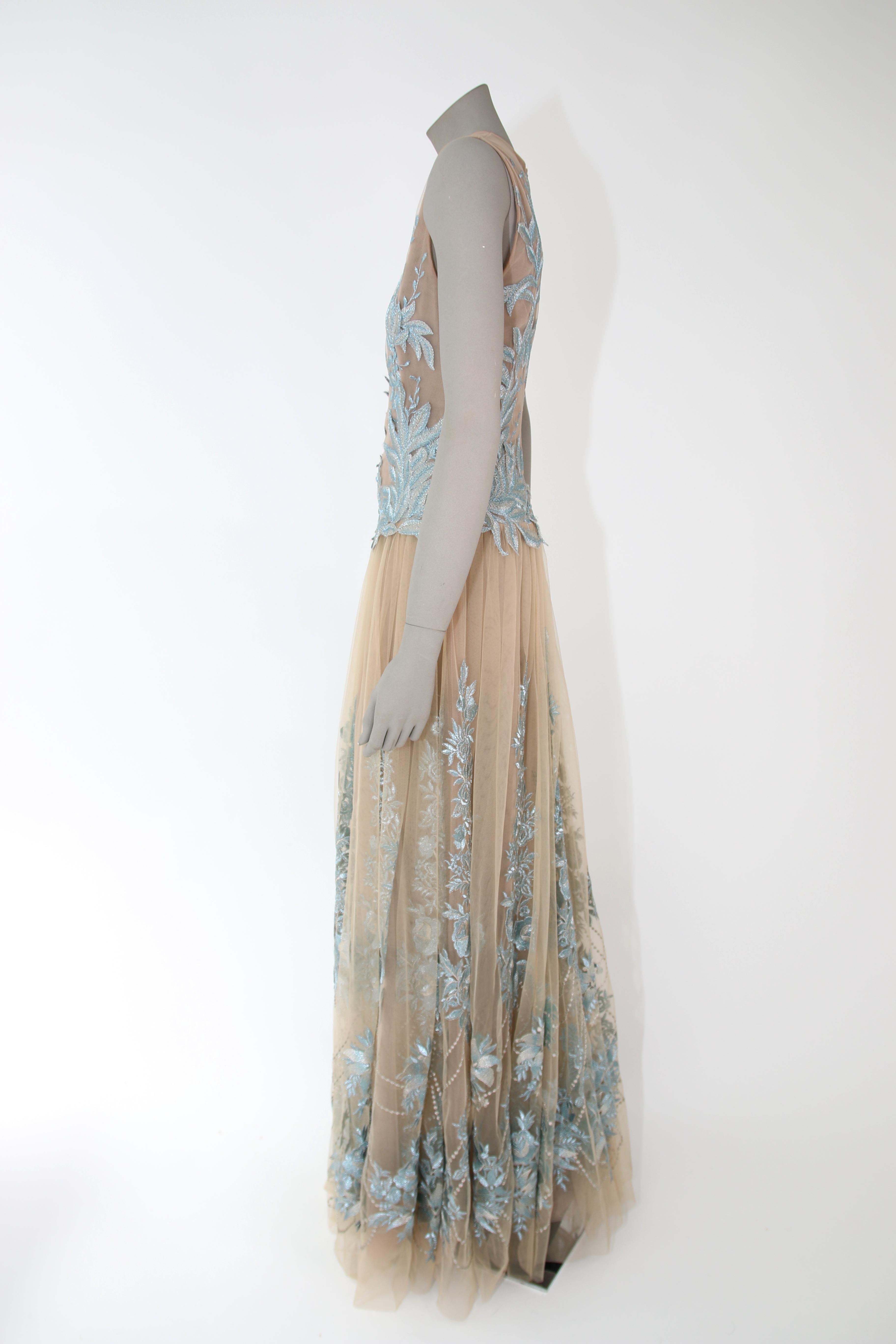 Pelush Nude And Powder Blue Tulle Dress Gown With Floral Metallic Embroidery - S In New Condition For Sale In Greenwich, CT