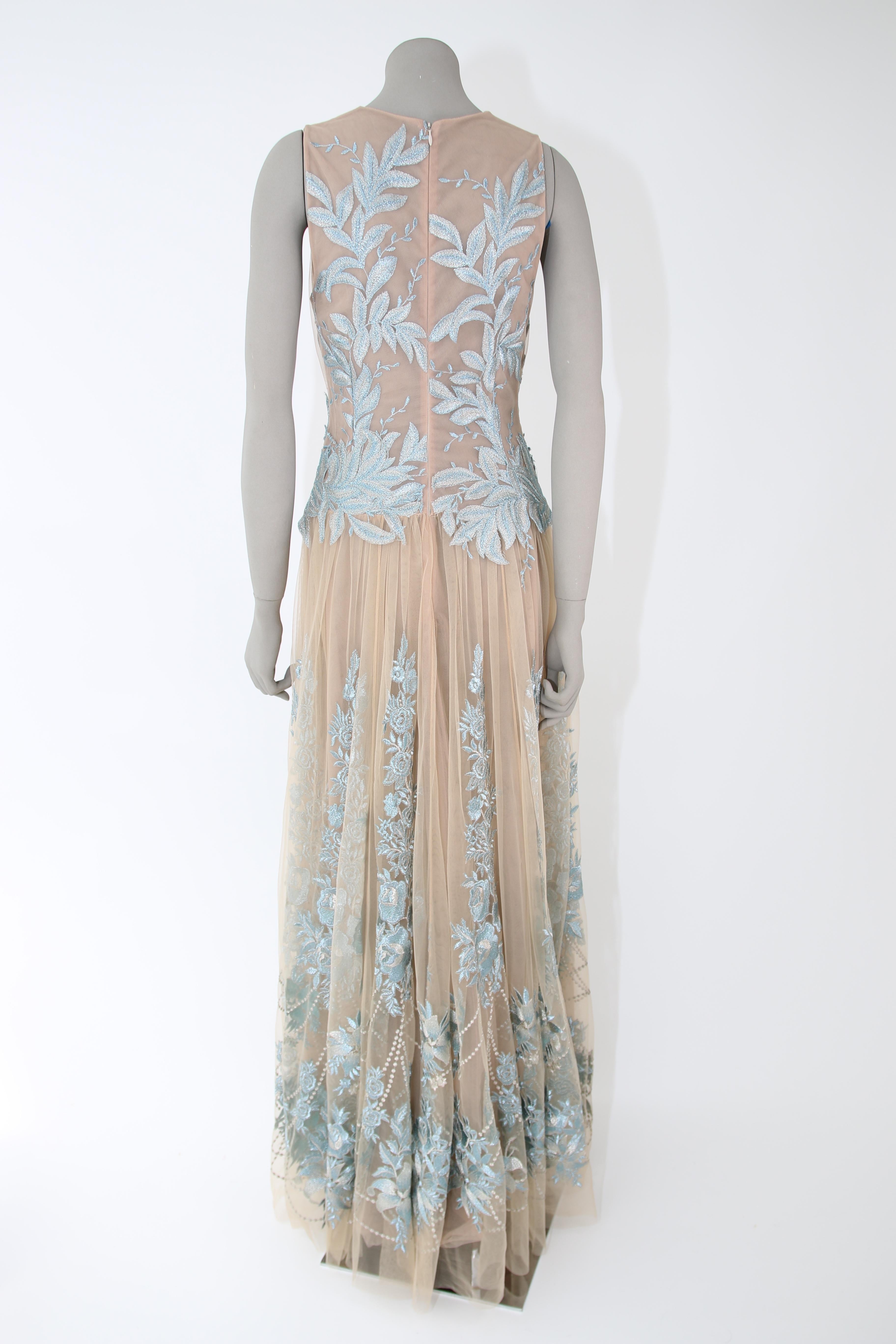 Women's Pelush Nude And Powder Blue Tulle Dress Gown With Floral Metallic Embroidery - S For Sale