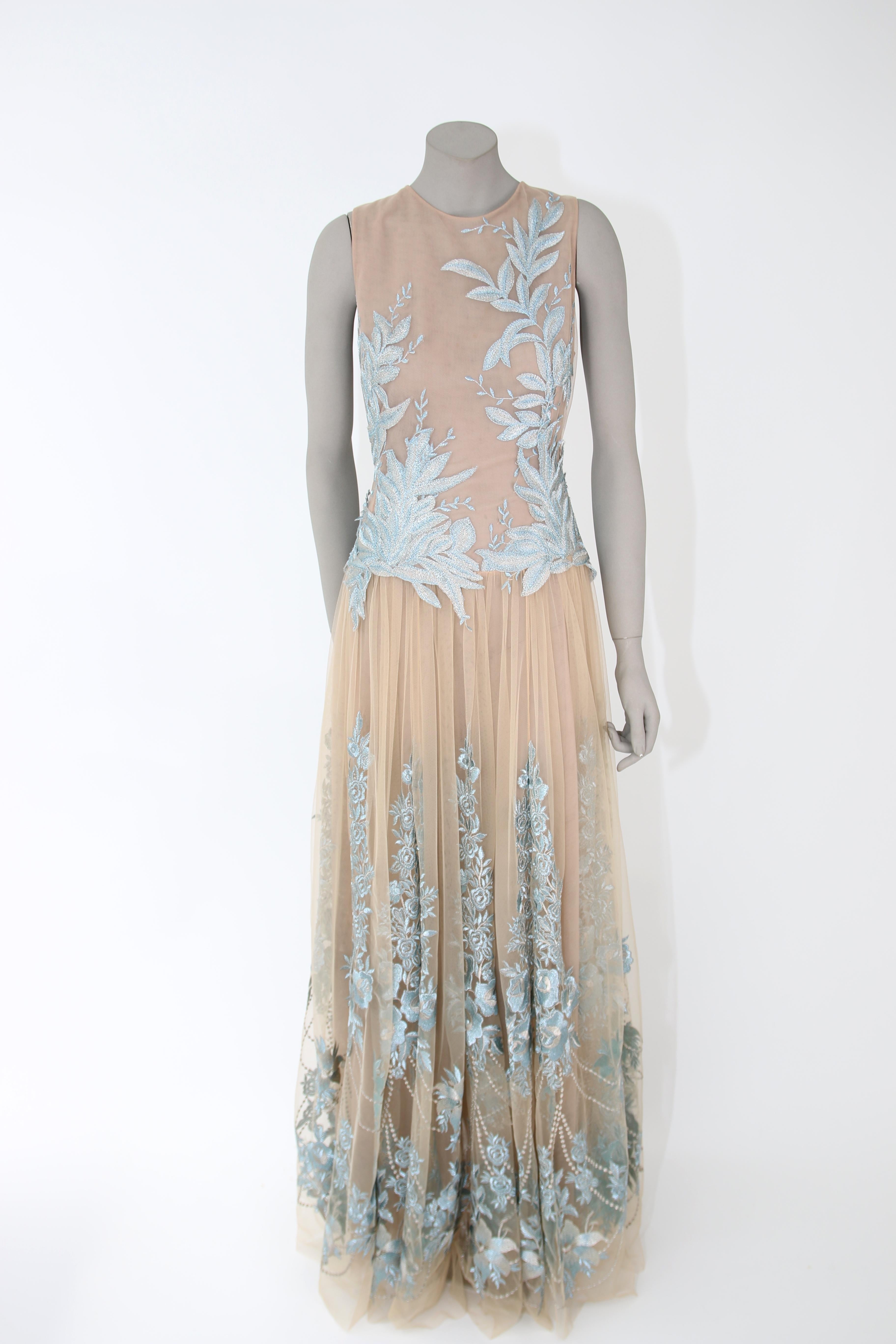 Pelush Nude And Powder Blue Tulle Dress Gown With Floral Metallic Embroidery - S For Sale 1
